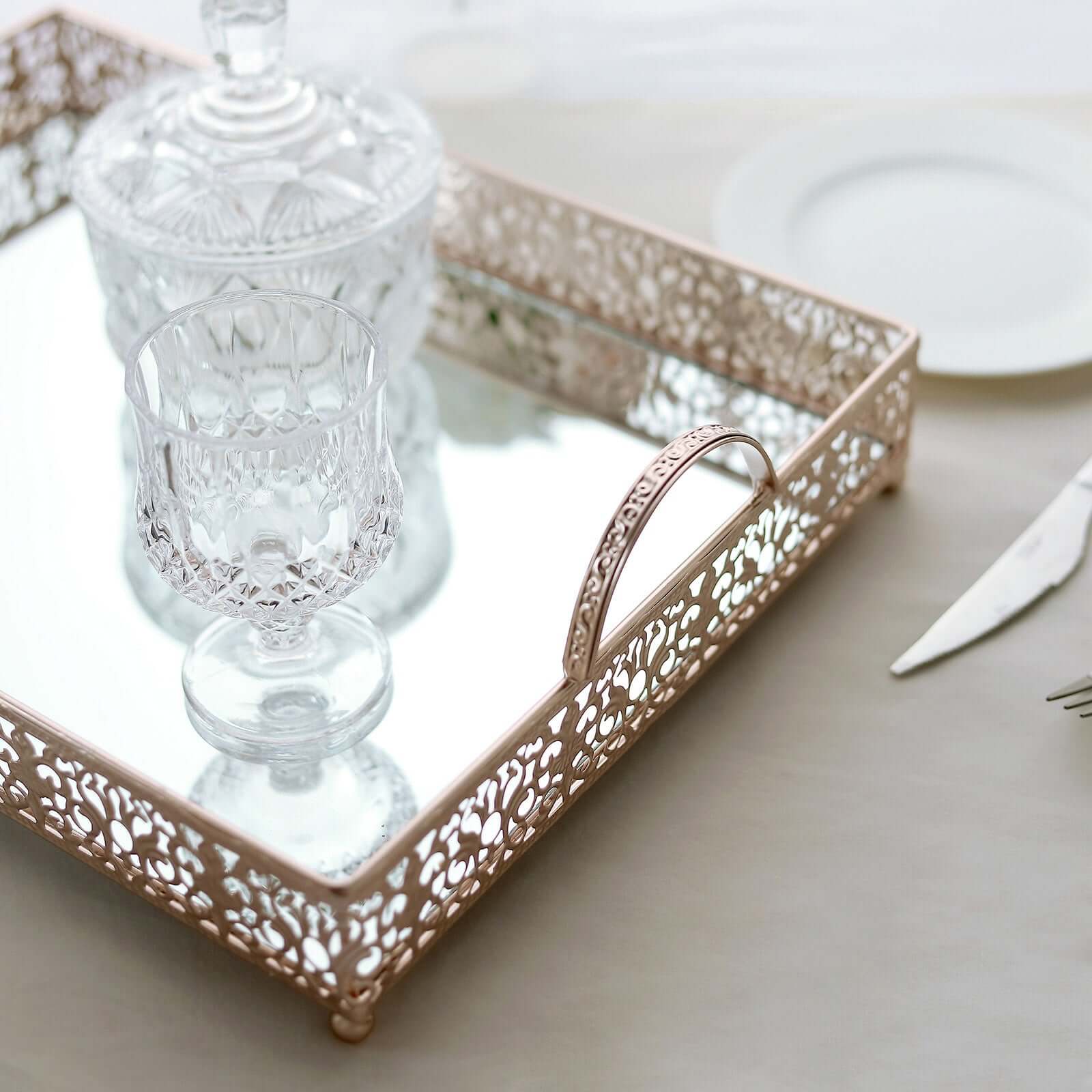 Metal Mirrored Rectangle Serving Tray 16x12 in Rose Gold Fleur De Lis Design with Handles, French Inspired Decorative Vanity Tray Centerpiece