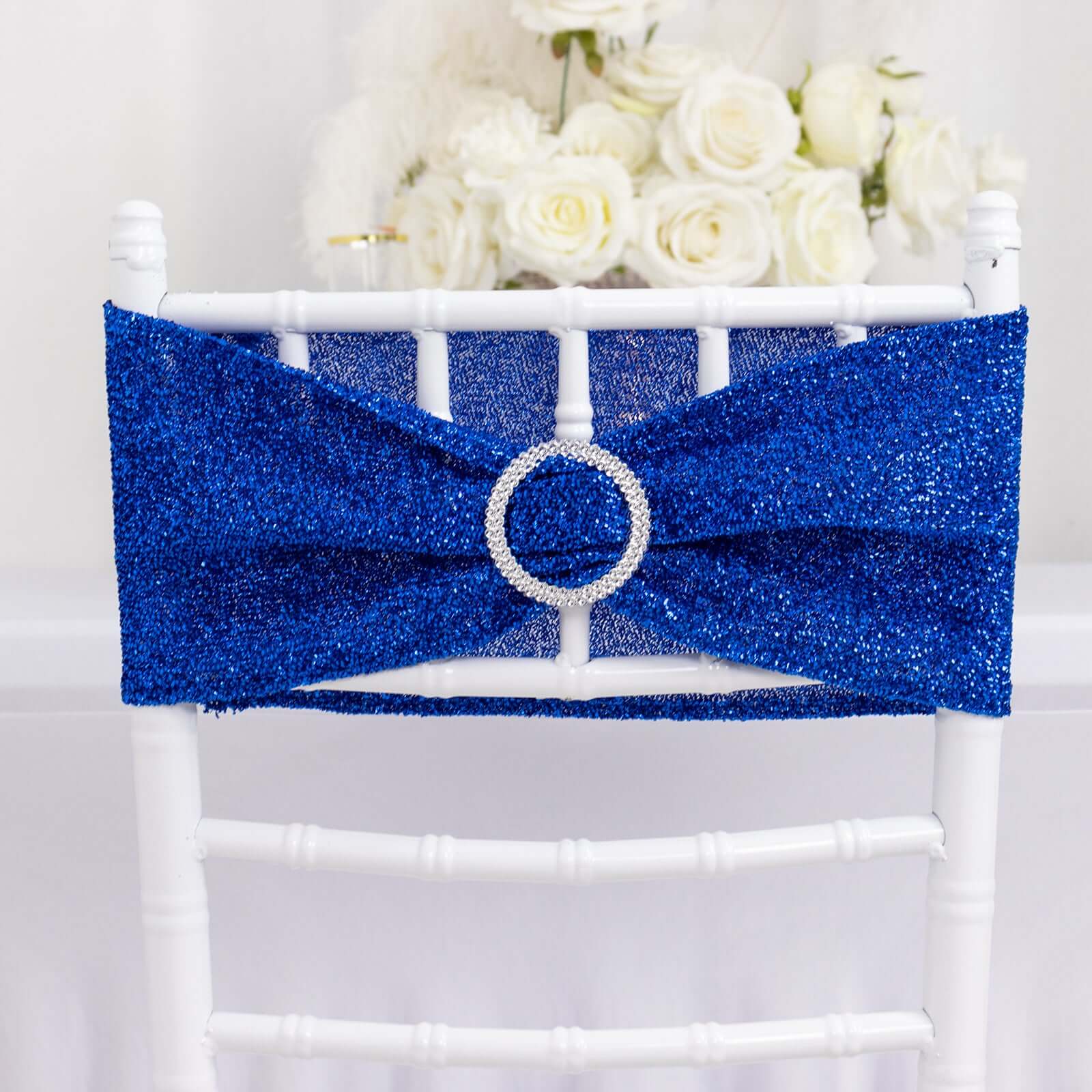 5 Pack Chair Sashes Shimmer Tinsel Spandex 5x12 with Silver Rhinestone Buckles Royal Blue - Stylish Chair Bands