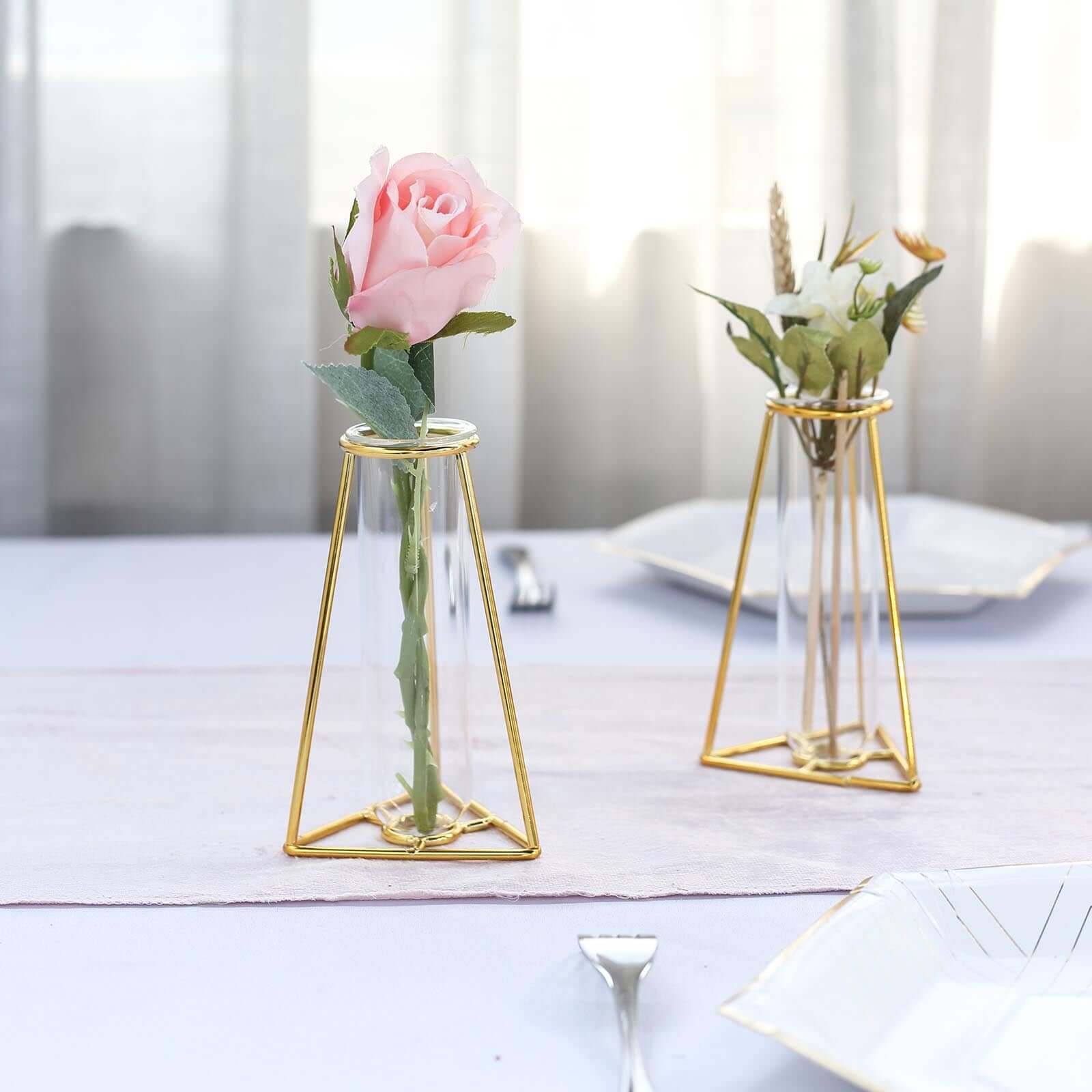 2-Pack Mini Wedding Centerpieces Gold Metal Frame Triangular Geometric Design - Test Tube Bud Vases 6