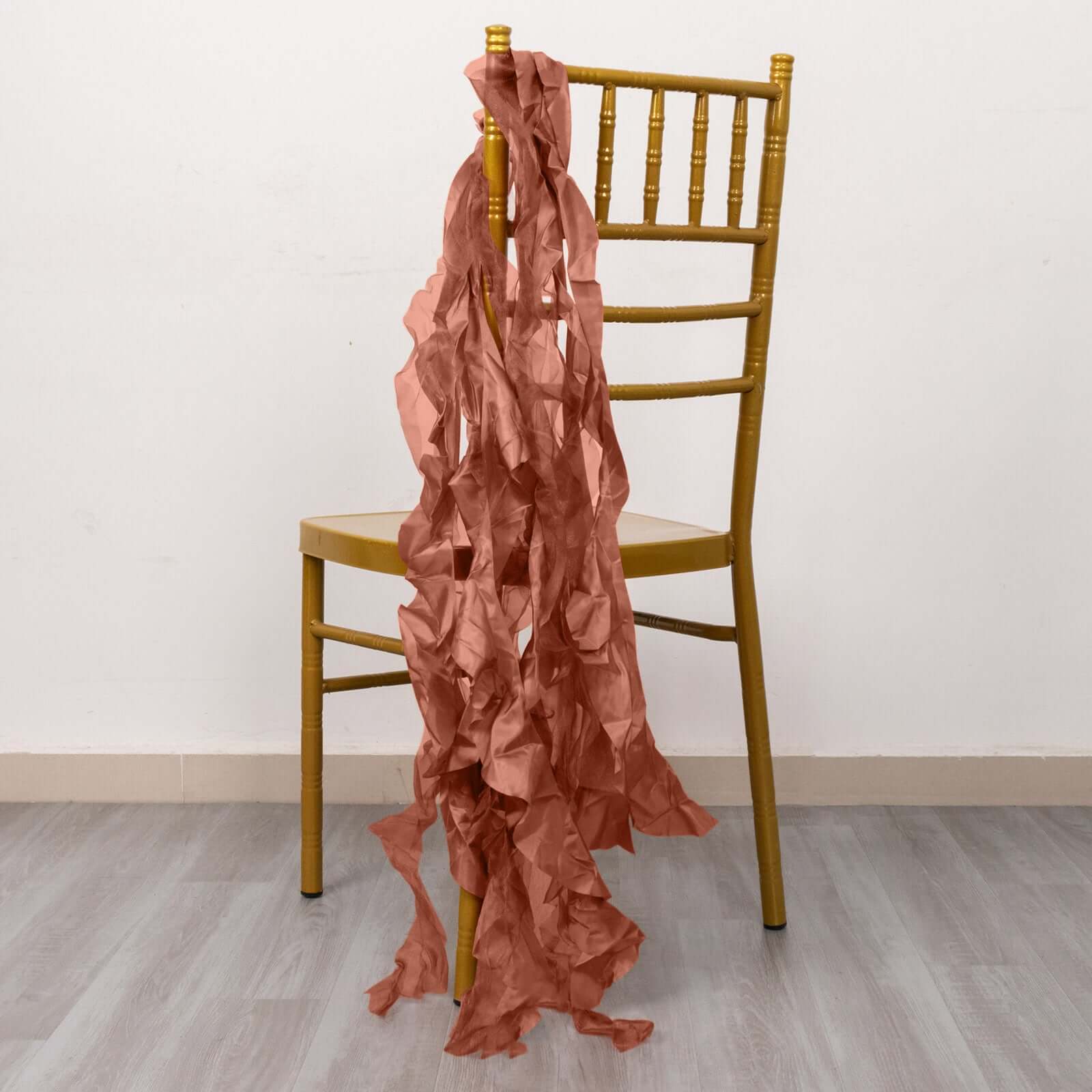 5 Pack Chiffon Satin Chair Sashes Terracotta (Rust) - Easy to Install Ruffled Curly Willow