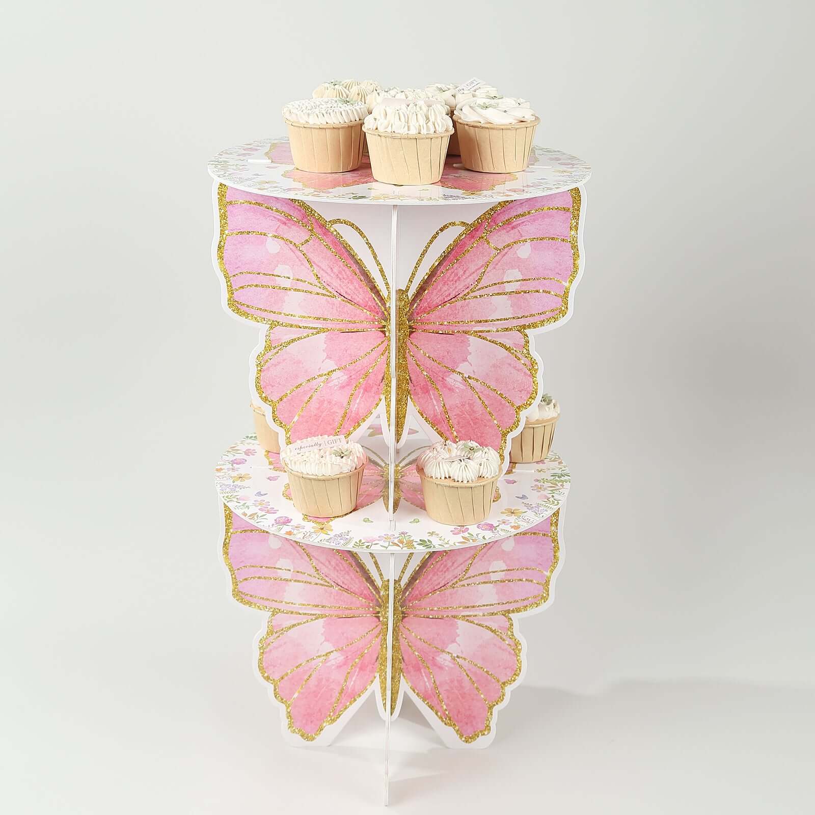 2-Pack Foam Board Cake Stands White/Pink Glitter Butterfly with Floral Print - Sturdy Cupcake Dessert Holder Display Stands for Enchanted Garden Party Birthday & Event Decor 12