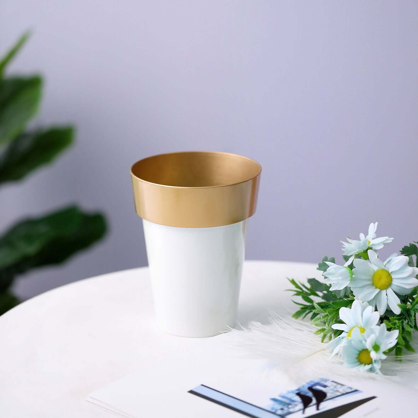 2-Pack Flower Plant Pots Medium Design White with Gold Rim - Plastic Indoor Decorative Planters 6