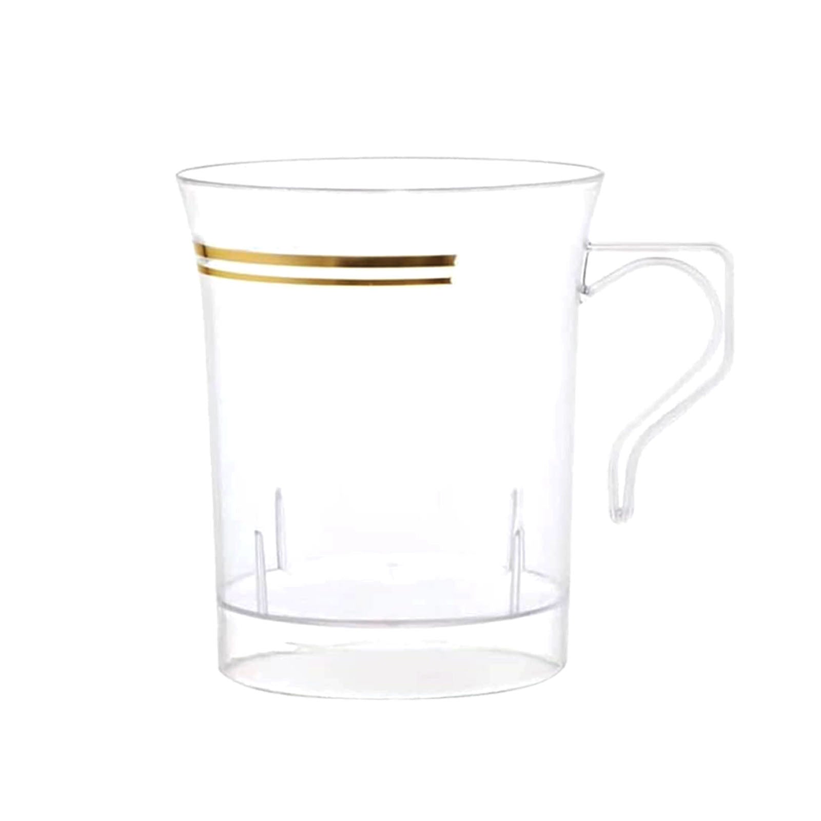 8-Pack Plastic Coffee Mugs Clear with Gold Stripes - Sturdy Disposable Cups for Coffee and Tea 8oz 3.5