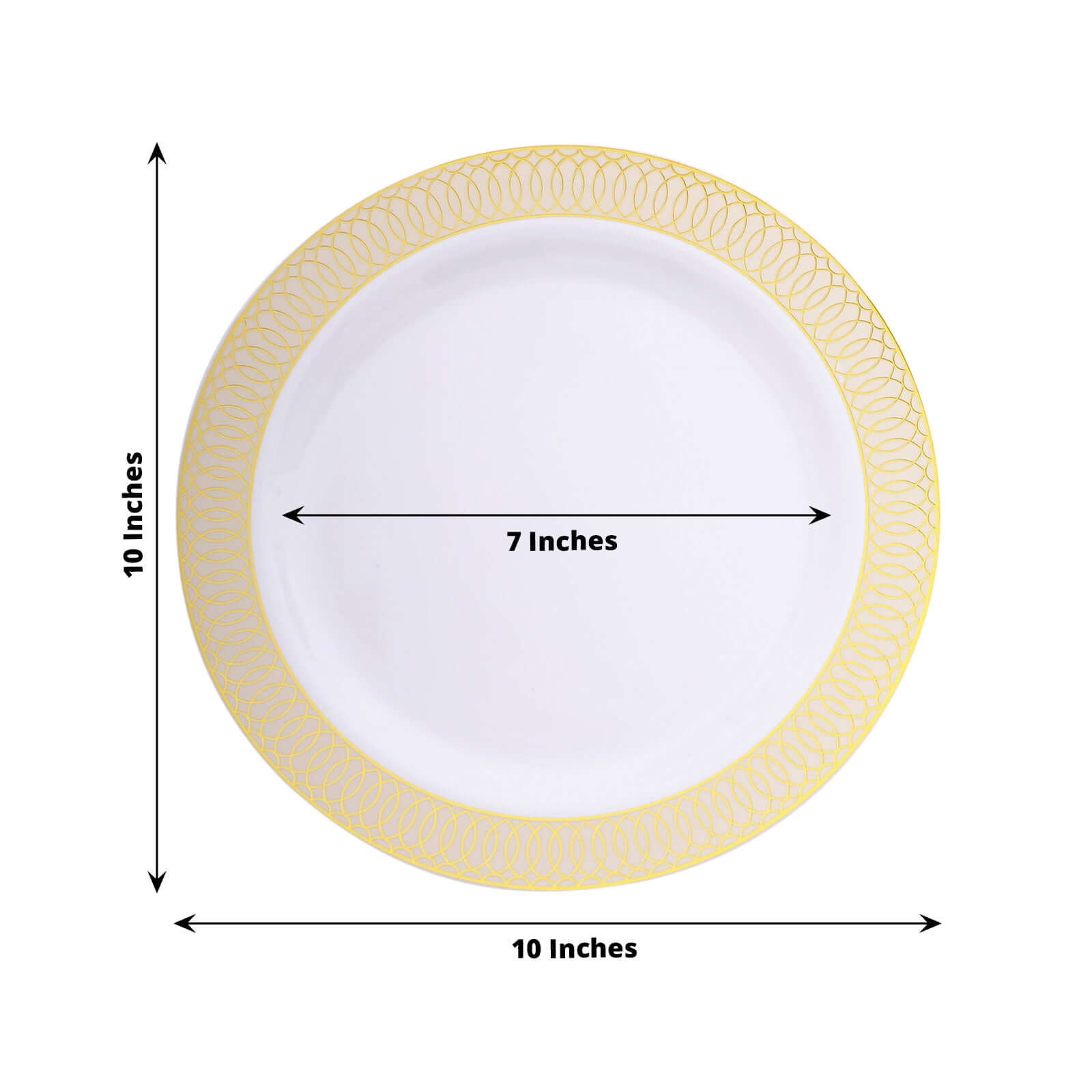 10-Pack Plastic Round Dinner Plates 10 White with Beige Gold Spiral Rim - Chic Disposable Party Plates