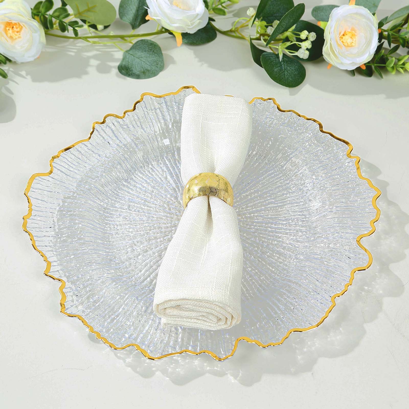 6-Pack Plastic Round Charger Plates 12 in Clear Reef Design with Gold Rim, Decorative Dinner Party Serving Plates