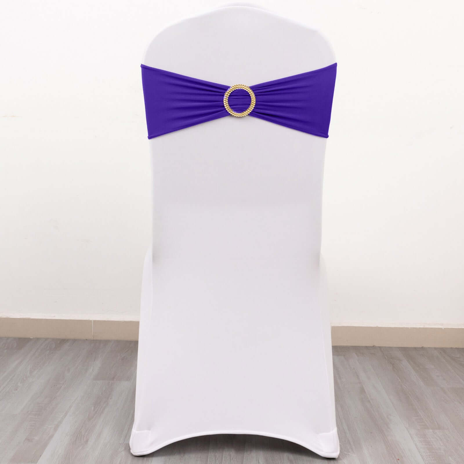 5 Pack Spandex Chair Sashes Purple with Gold Rhinestone Buckles - Reusable Four-Way Stretch Sash Bands 5x14