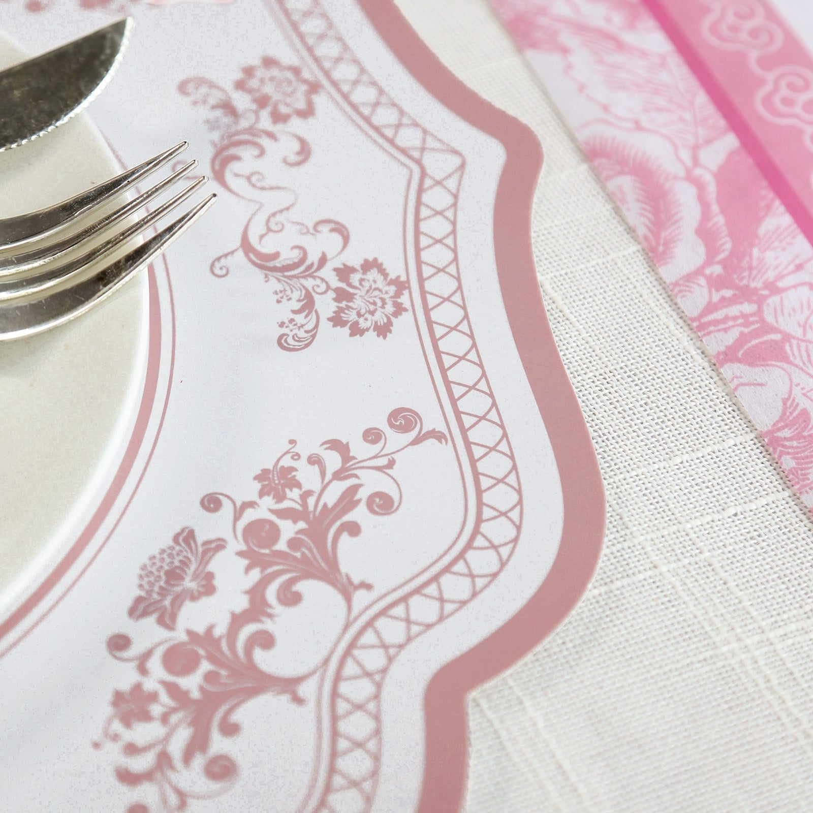 10-Pack Disposable Table Placemats 13 Round Placemats in White with Pink French Toile Pattern & Scalloped Rim - 400GSM Cardboard Placemats for Stylish Table Setting