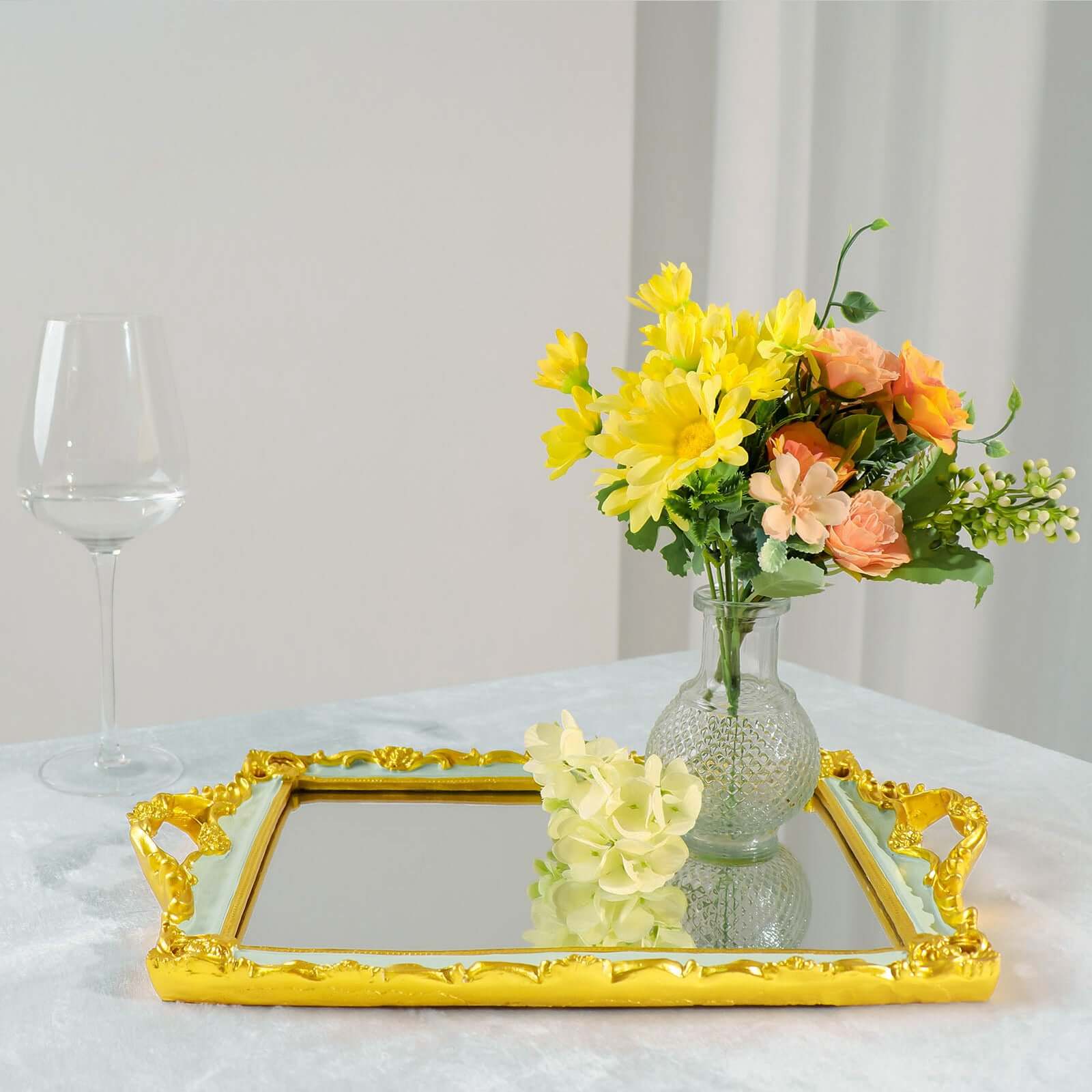 Resin Mirrored Rectangle Serving Tray 15x10 in Mint Green with Gold Baroque Design, Stylish Decorative Vanity Tray Centerpiece