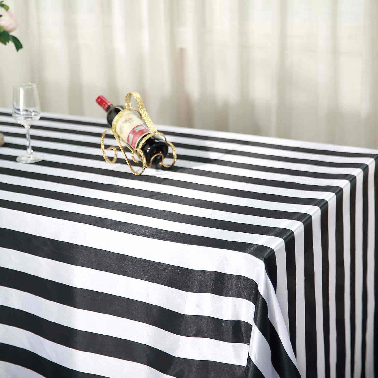 Satin 90x156 Rectangle Tablecloth Black/White - Stripe Design with Seamless Finish Table Cover