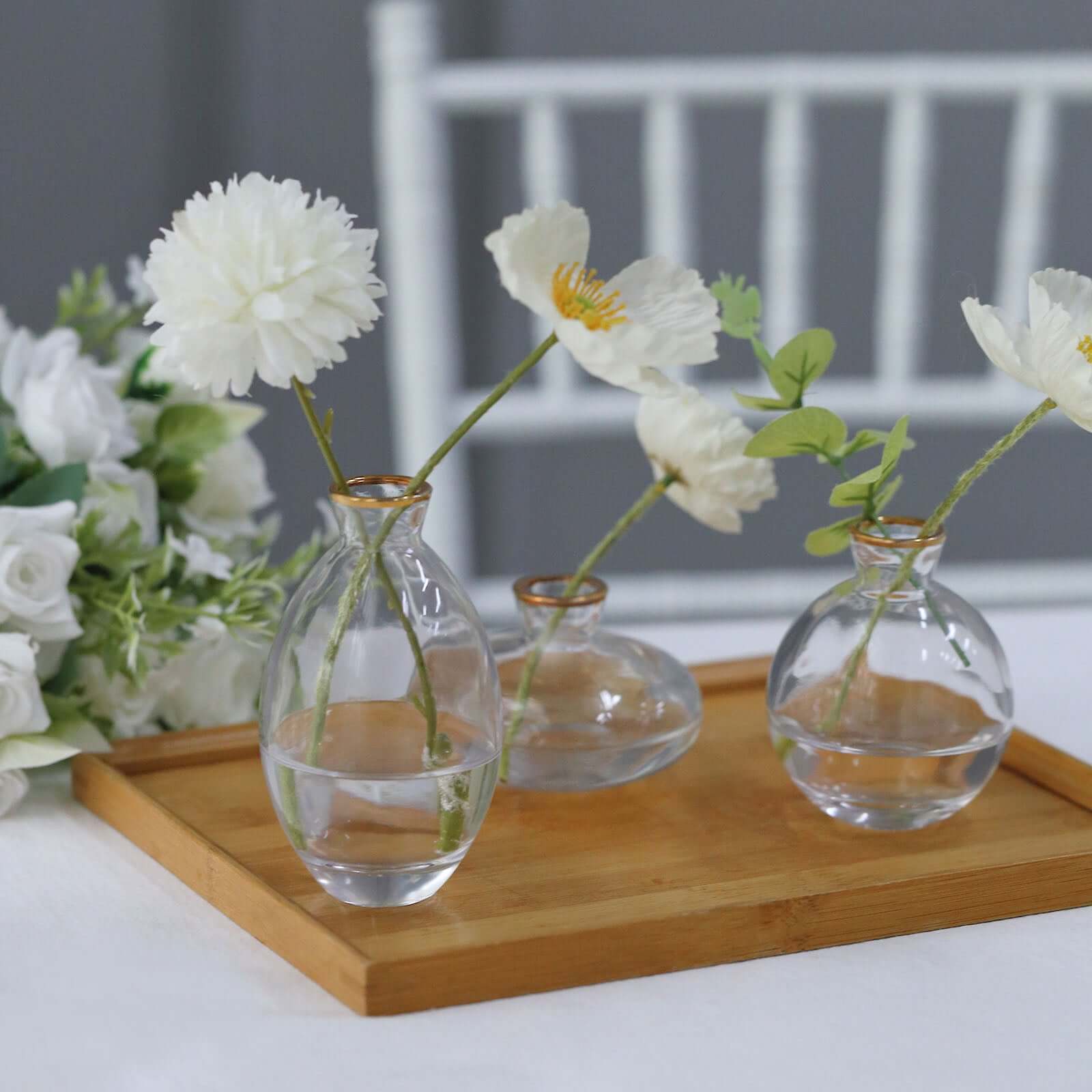 Set of 3 Clear Glass Bud Vases with Metallic Gold Rim - Modern Flower Table Centerpieces Assorted Sizes