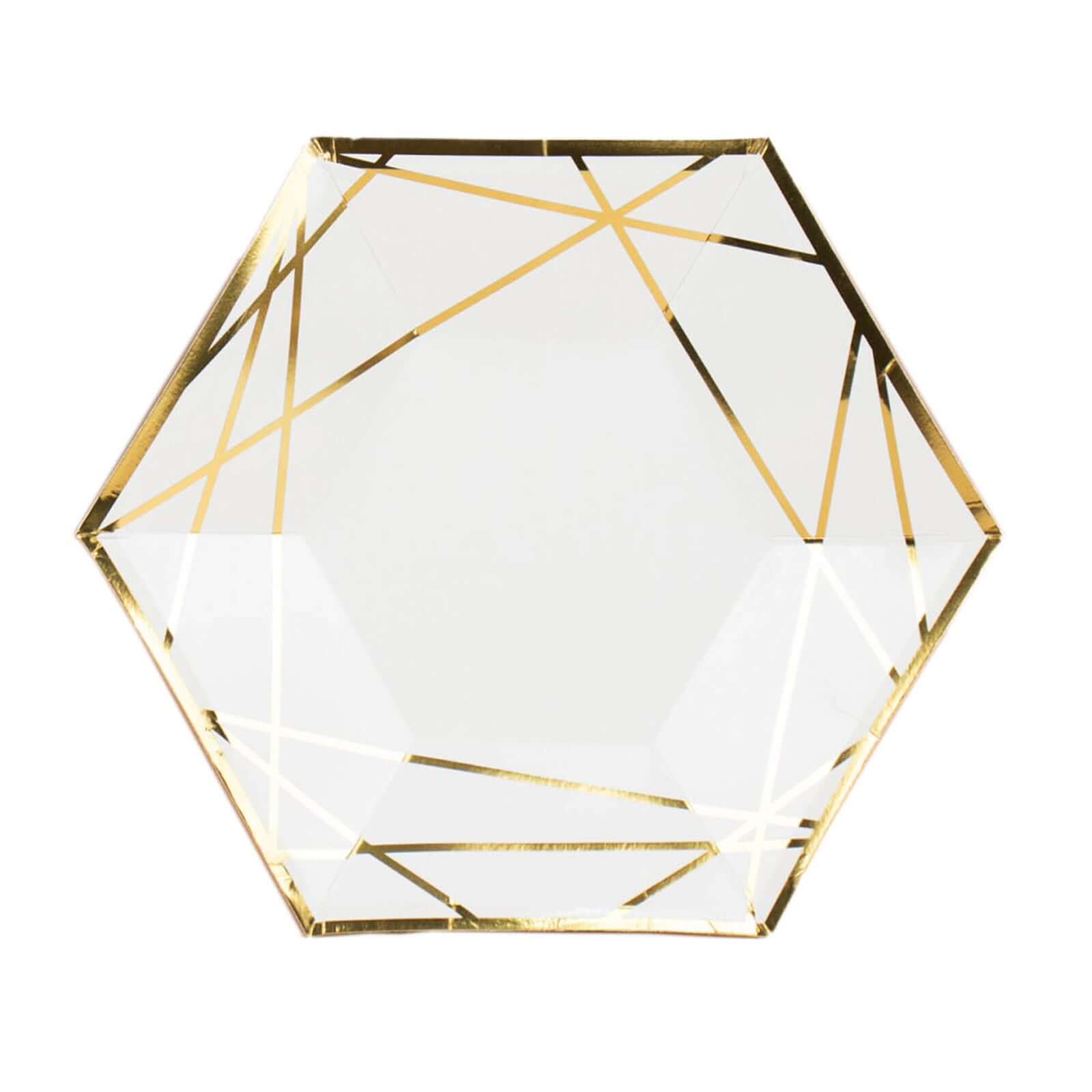 25-Pack Paper 9 Hexagon Dinner Plates in White with Gold Geometric Lines & Rim - Stylish Disposable Geometric 300GSM Party Plates for Events & Banquets