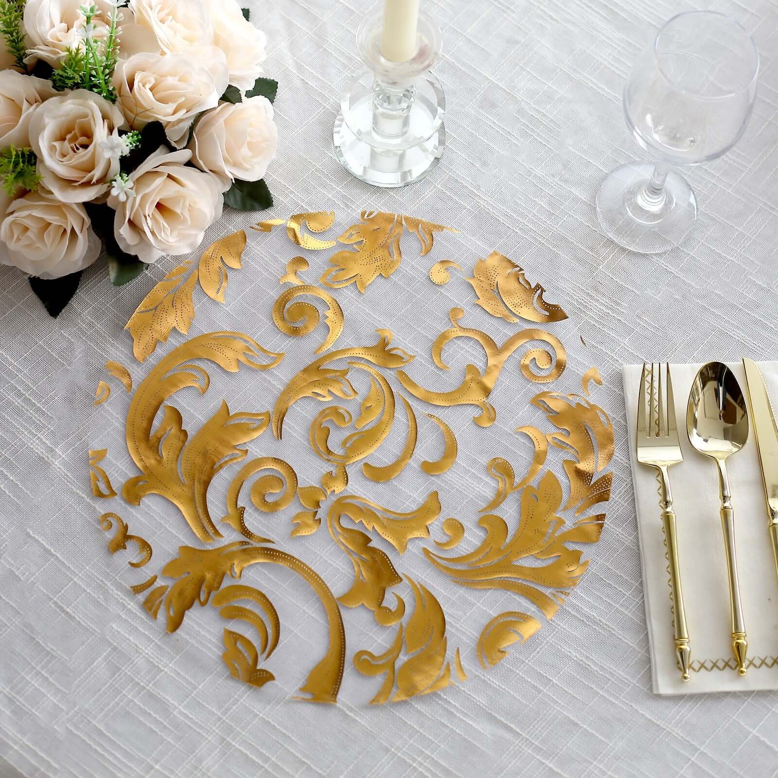 10-Pack Table Placemats Swirl Foil Floral Design Metallic Gold Round - Sheer Organza Disposable Mats 13