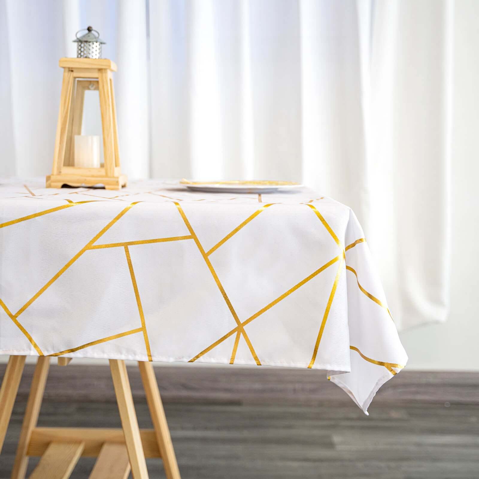 Polyester 54x54 Square Tablecloth White with Gold Foil Geometric Pattern - Wrinkle-Resistant & Durable for Stylish Settings