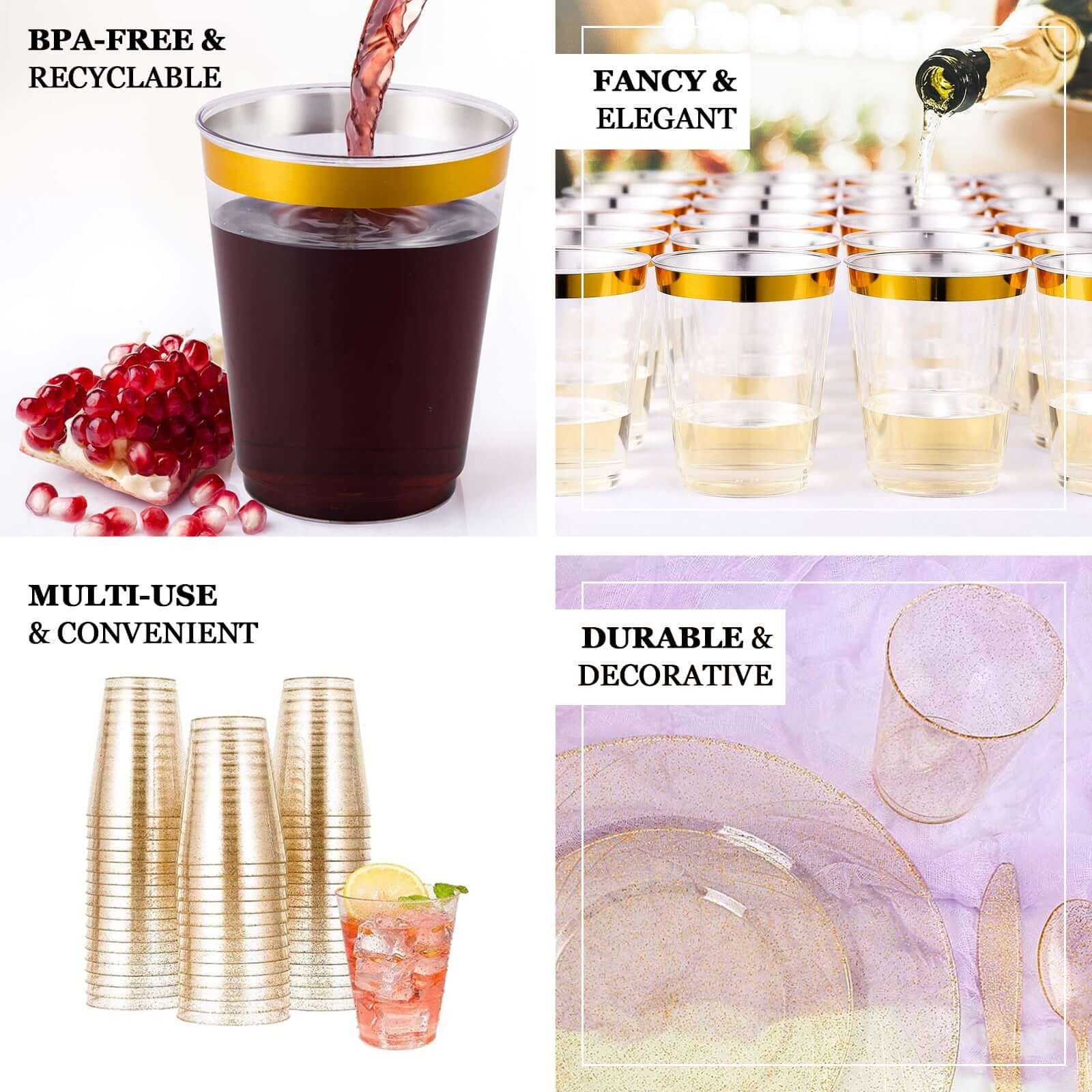 25-Pack Plastic Tumbler Cups Clear with Gold Rim - Stylish Disposable Party Glasses 10oz