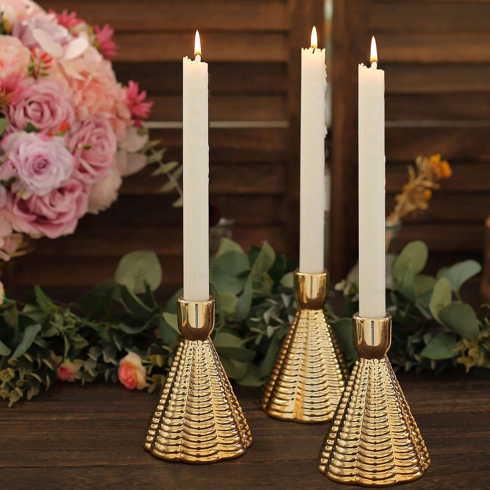 3-Pack Ceramic Taper Candle Holders Ribbed Cone Shaped Design Metallic Gold - Candlestick Stands for Decor 5