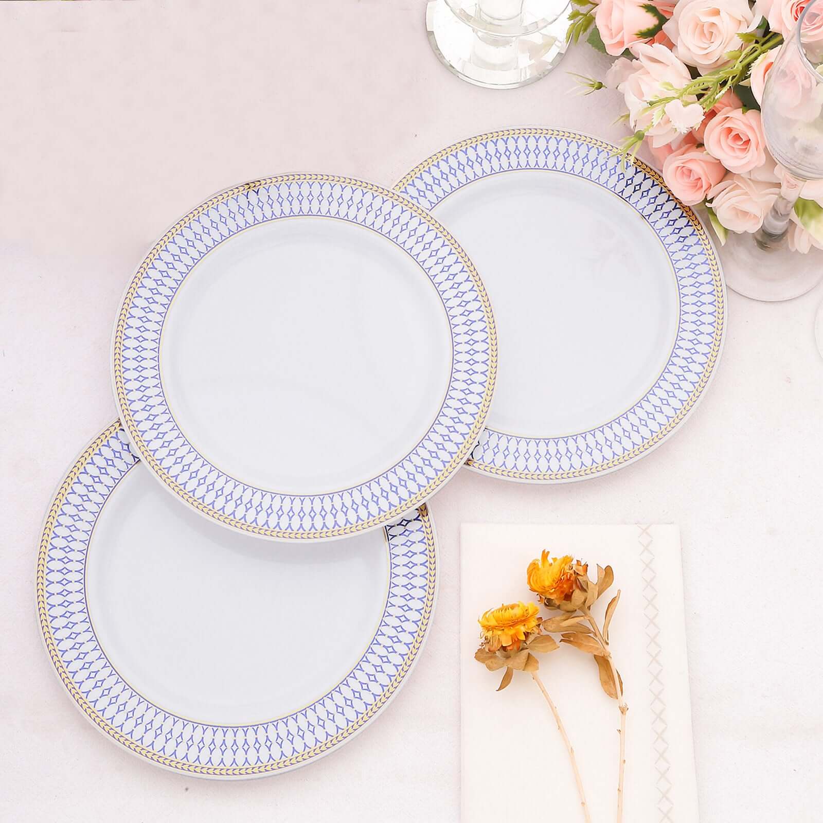 10-Pack Plastic 7 Round Dessert Plates in White with Gold Navy Blue Chord Rim - Renaissance Style Disposable Salad Appetizer Plates for Events & Banquets