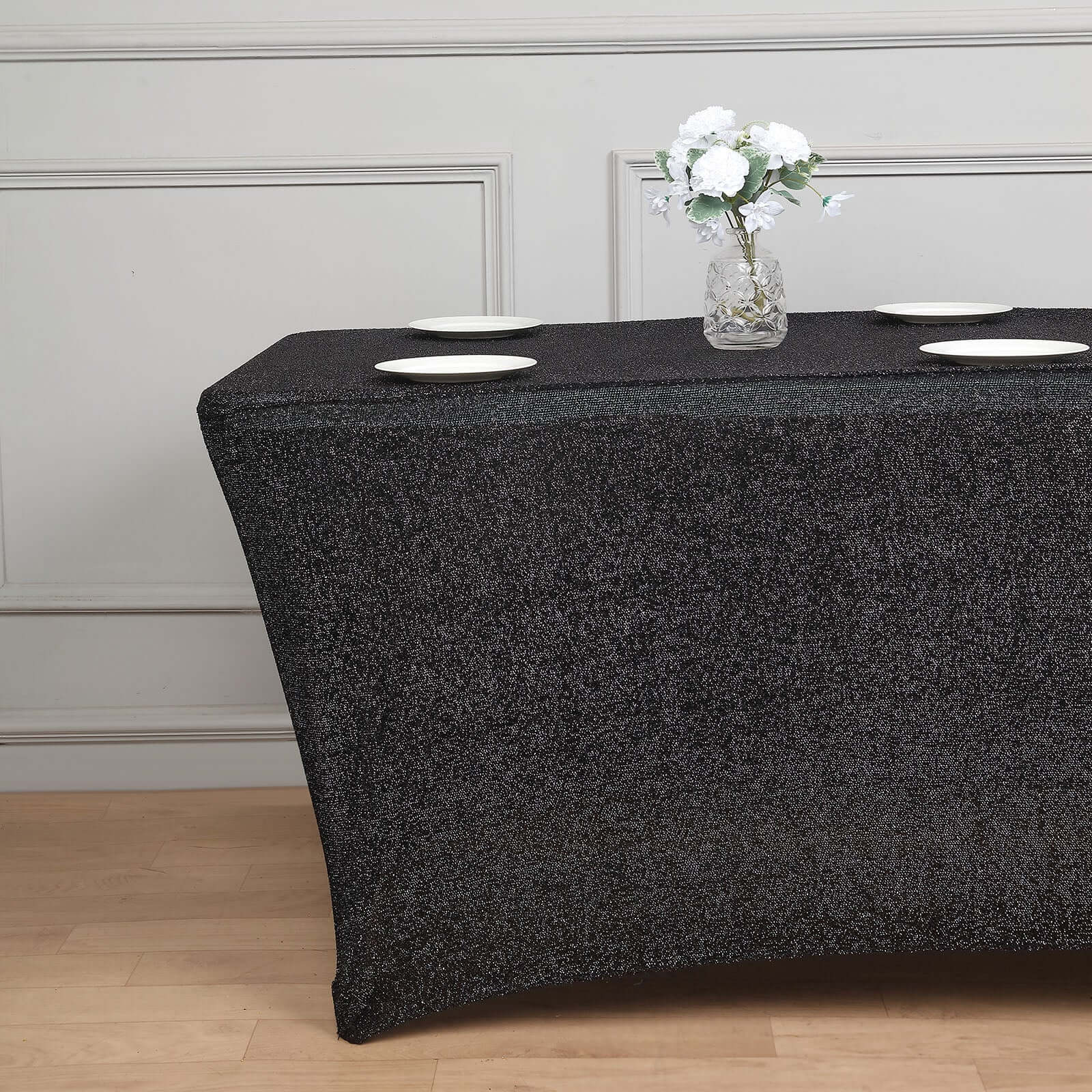 Shimmer Tinsel Spandex 72x30 Rectangle Tablecloth Metallic Black Glittered Shiny Stretch Table Cover