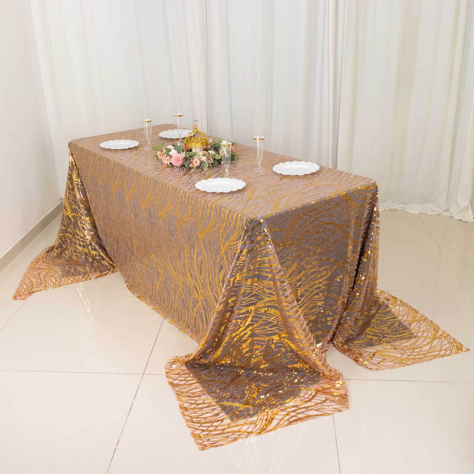 Mesh 90x156 Rectangle Tablecloth Rose Gold/Gold - Wave Sequin Embroidered Table Cover