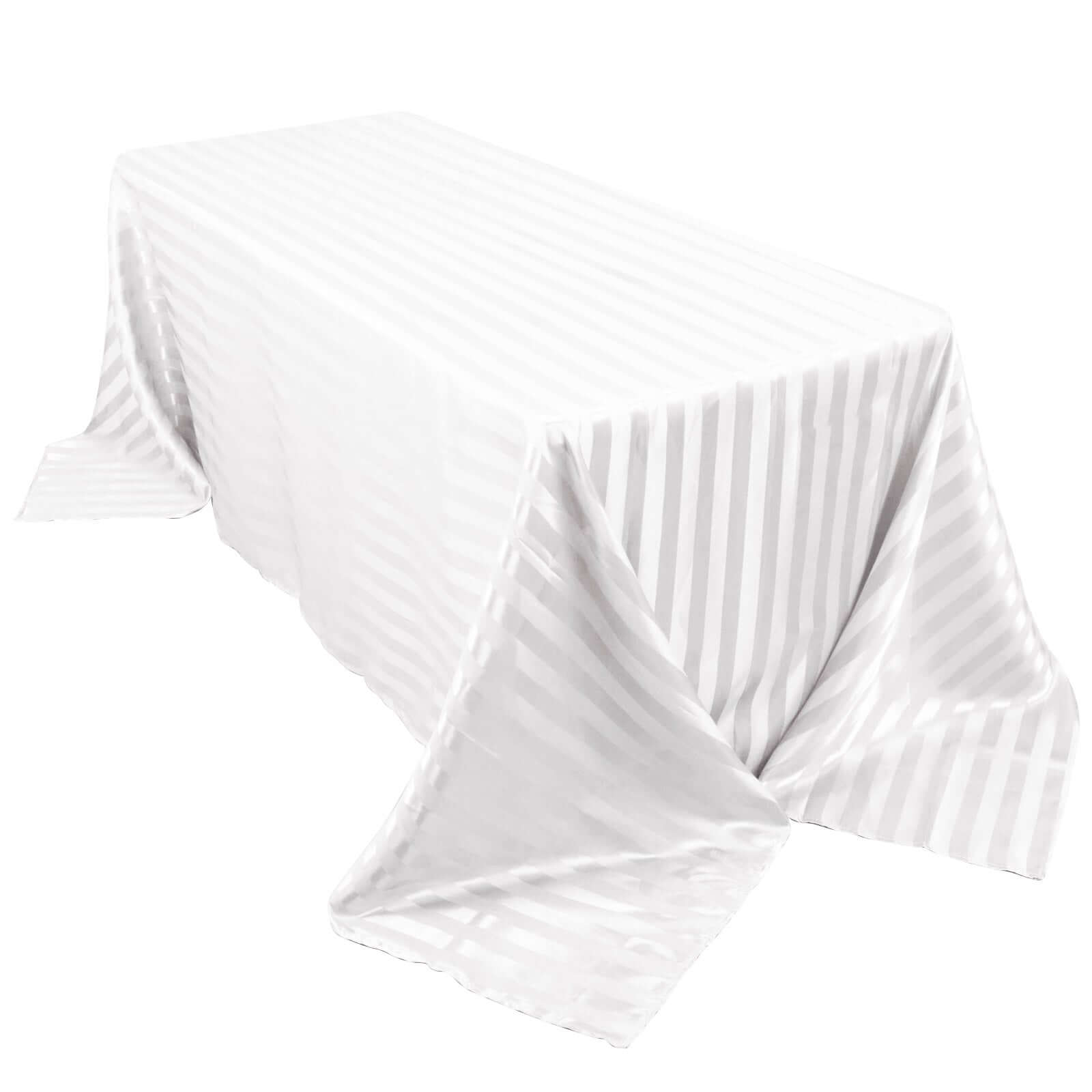 Satin Striped 90x132 Rectangular Tablecloth White Satin Stripe - Seamless Silky Smooth Wedding Decor