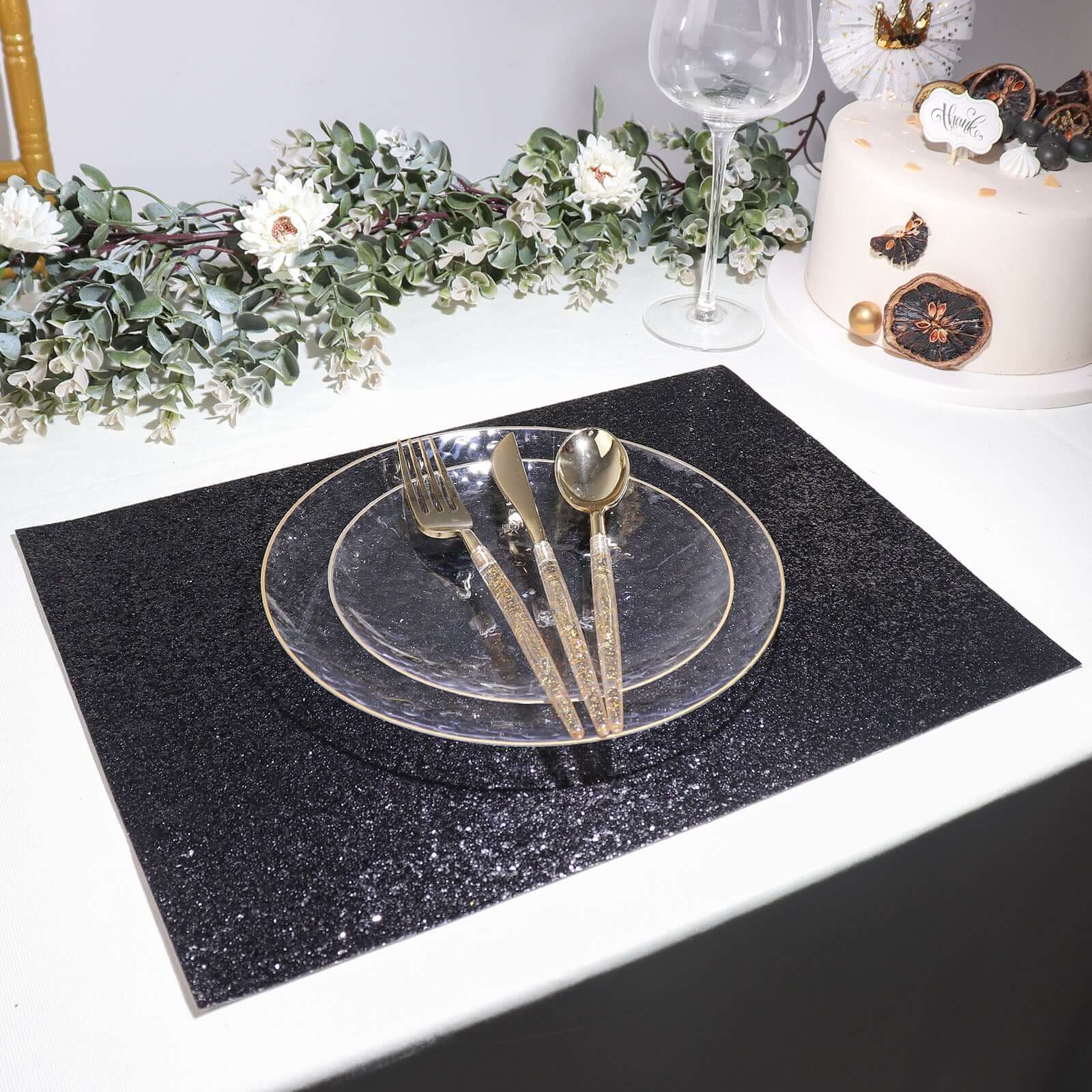 6-Pack Placemats Glitter Design Black Sparkle Rectangle - Non-Slip Decorative Dining Table Mats 12x18