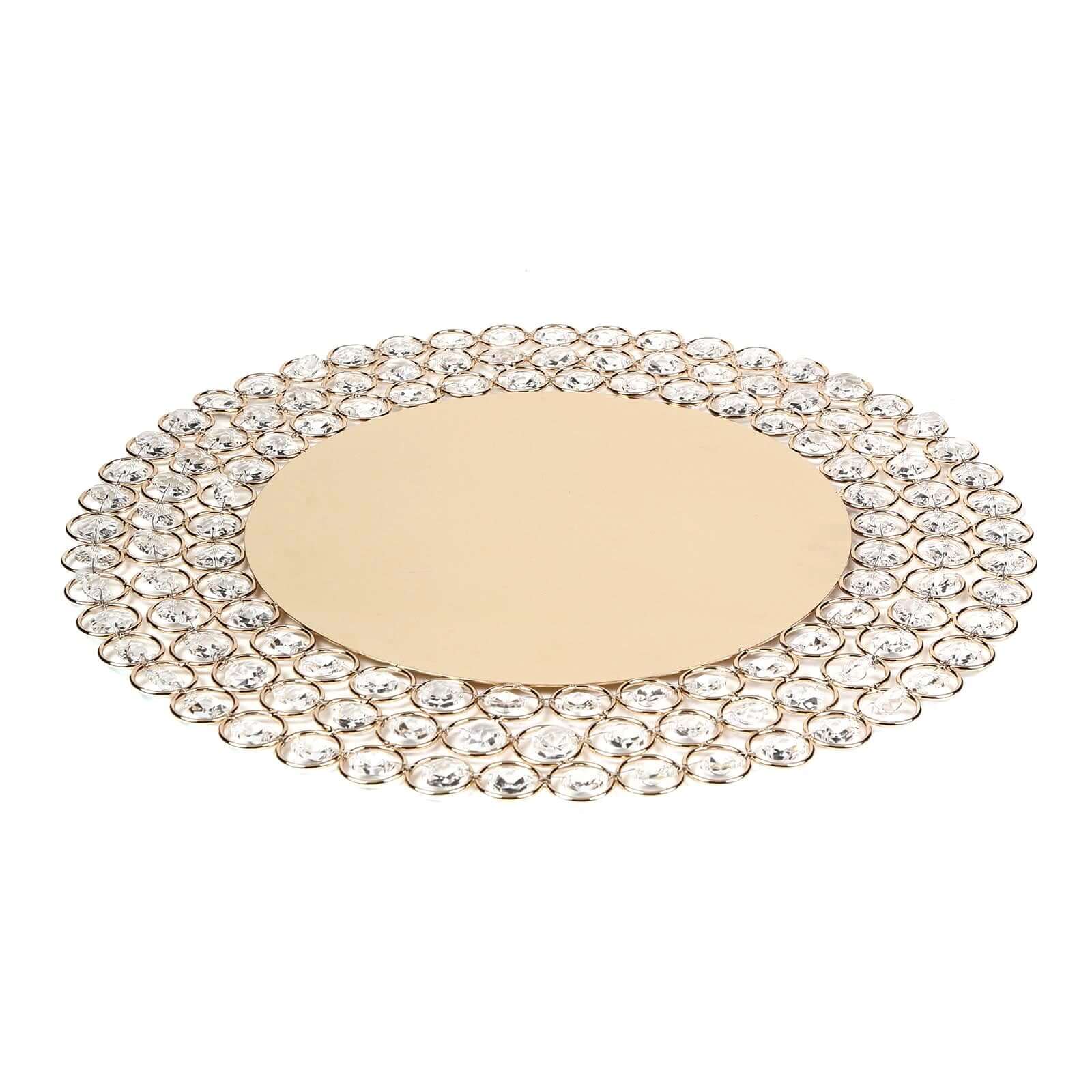 Wired Metal Round Charger Plate 14 in Gold with Acrylic Crystal Beads, Glamorous Decorative Dinner Charger Tableware