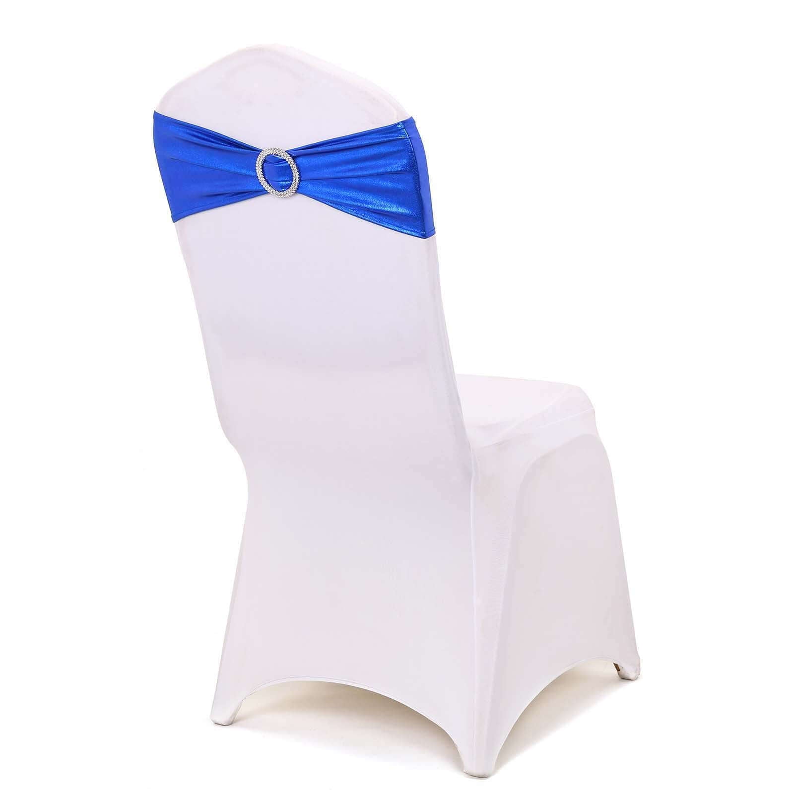 5 Pack Metallic Spandex Chair Sashes Royal Blue - Stretch Fit Chair Bands With Round Diamond Buckles