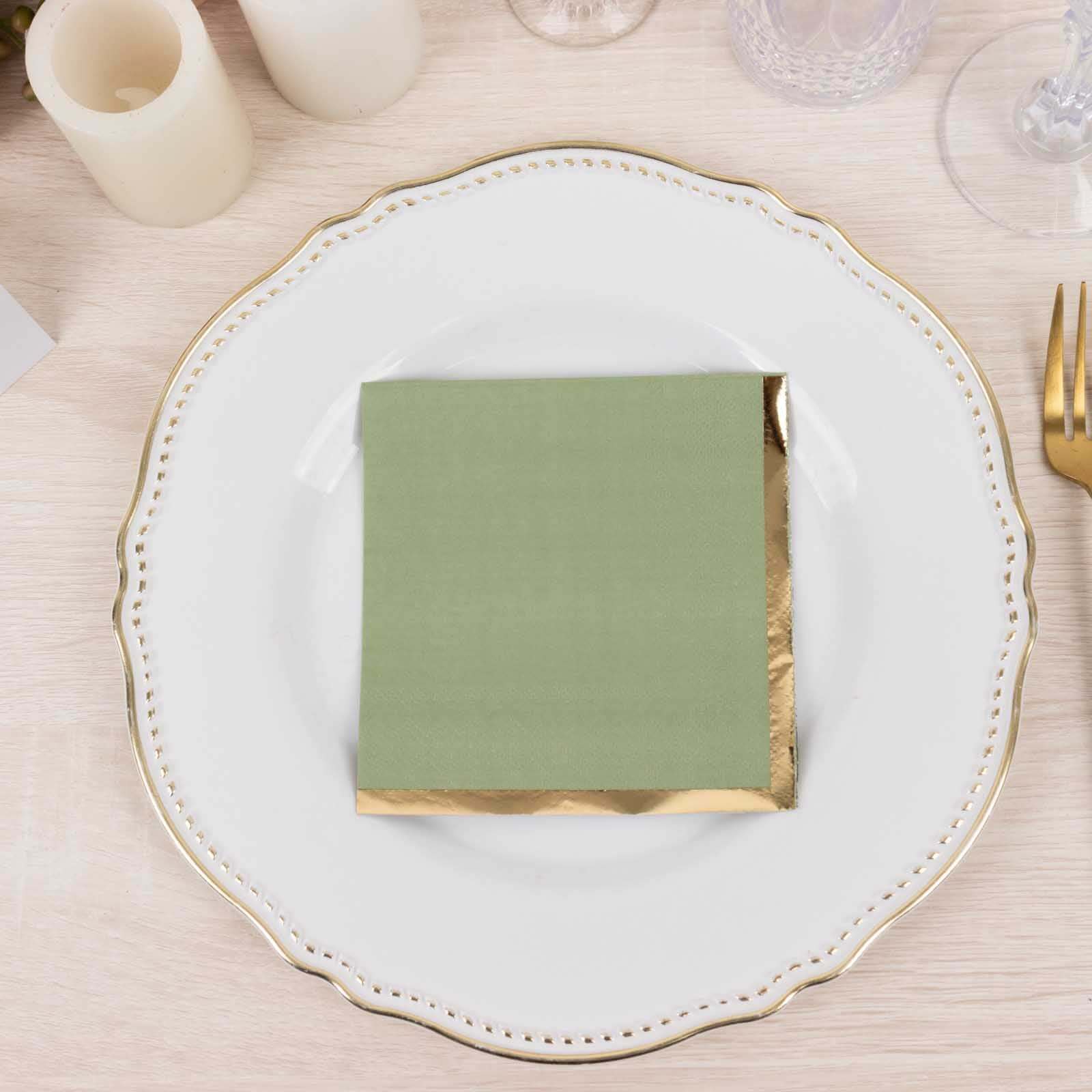 50-Pack Paper Beverage Napkins Sage Green with Gold Foil Edge - 2 Ply Disposable Soft 18GSM Cocktail Napkins 5x5