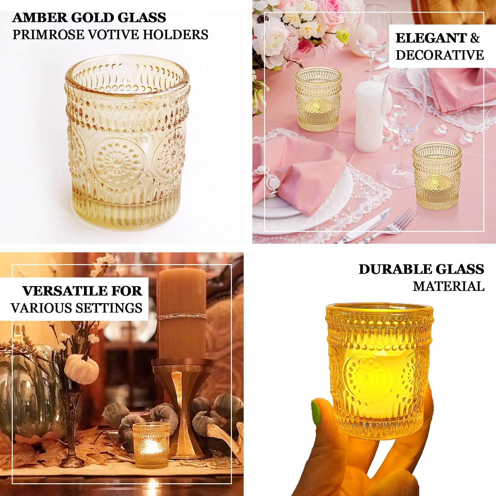 6-Pack Glass Candle Holders Amber Gold Primrose Design - Votive Tealight Holders for Weddings