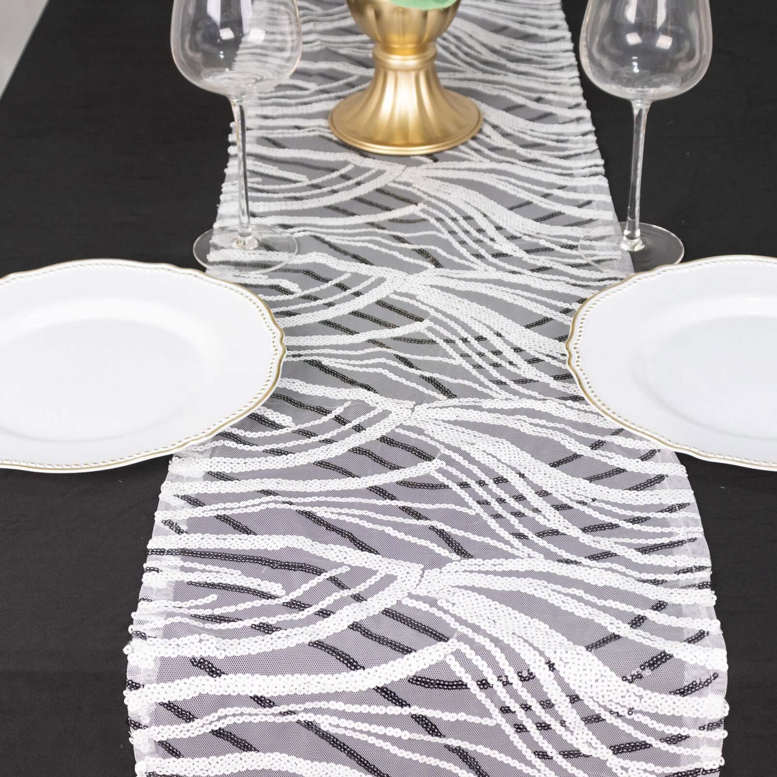 Sequin Mesh 12x108 Table Runner White Black Stylish Wave Embroidery