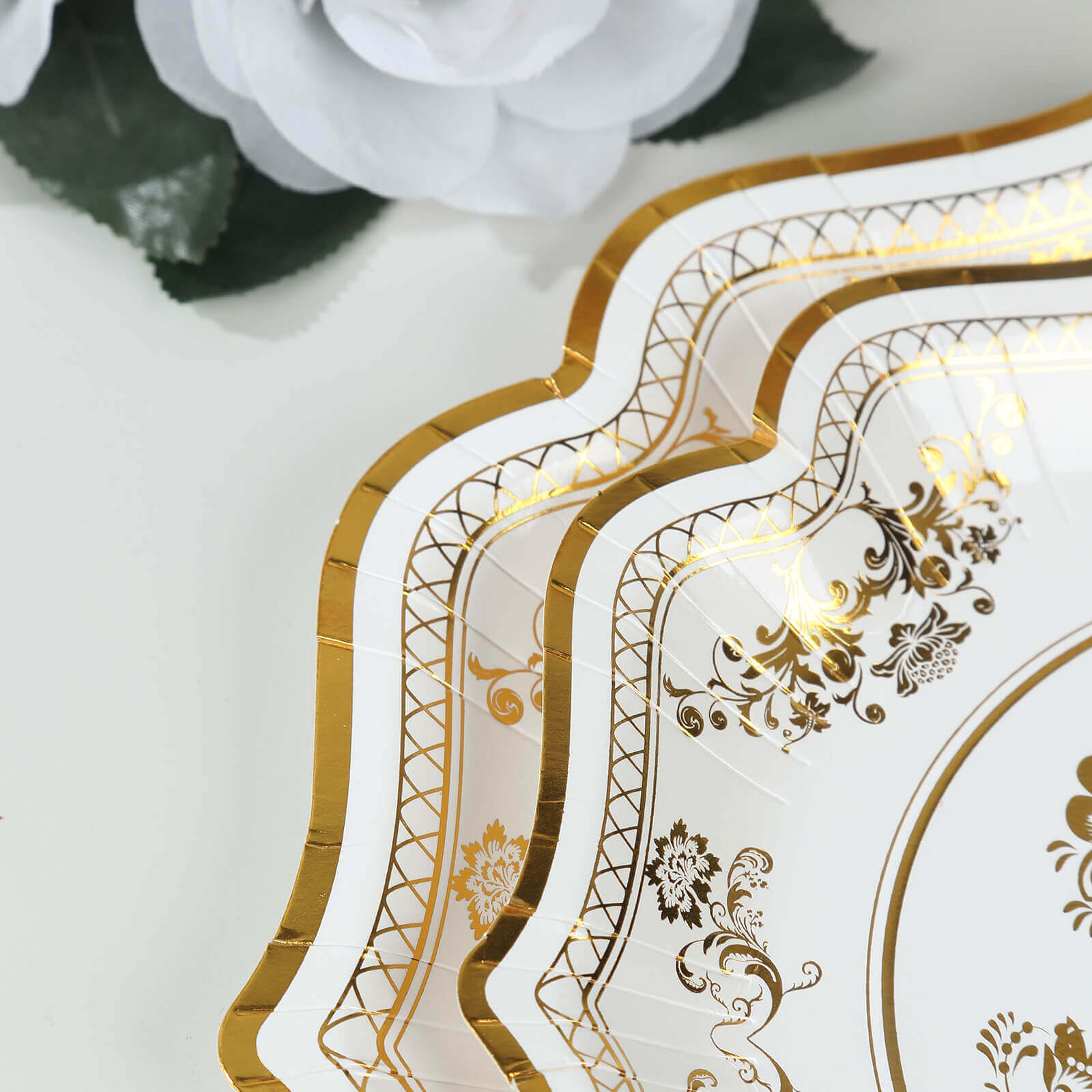 25-Pack Paper Dessert Plates in White with Gold French Toile Print & Scallop Rim - Stylish Disposable 300GSM Floral Salad Appetizer Plates for Weddings & Events 8