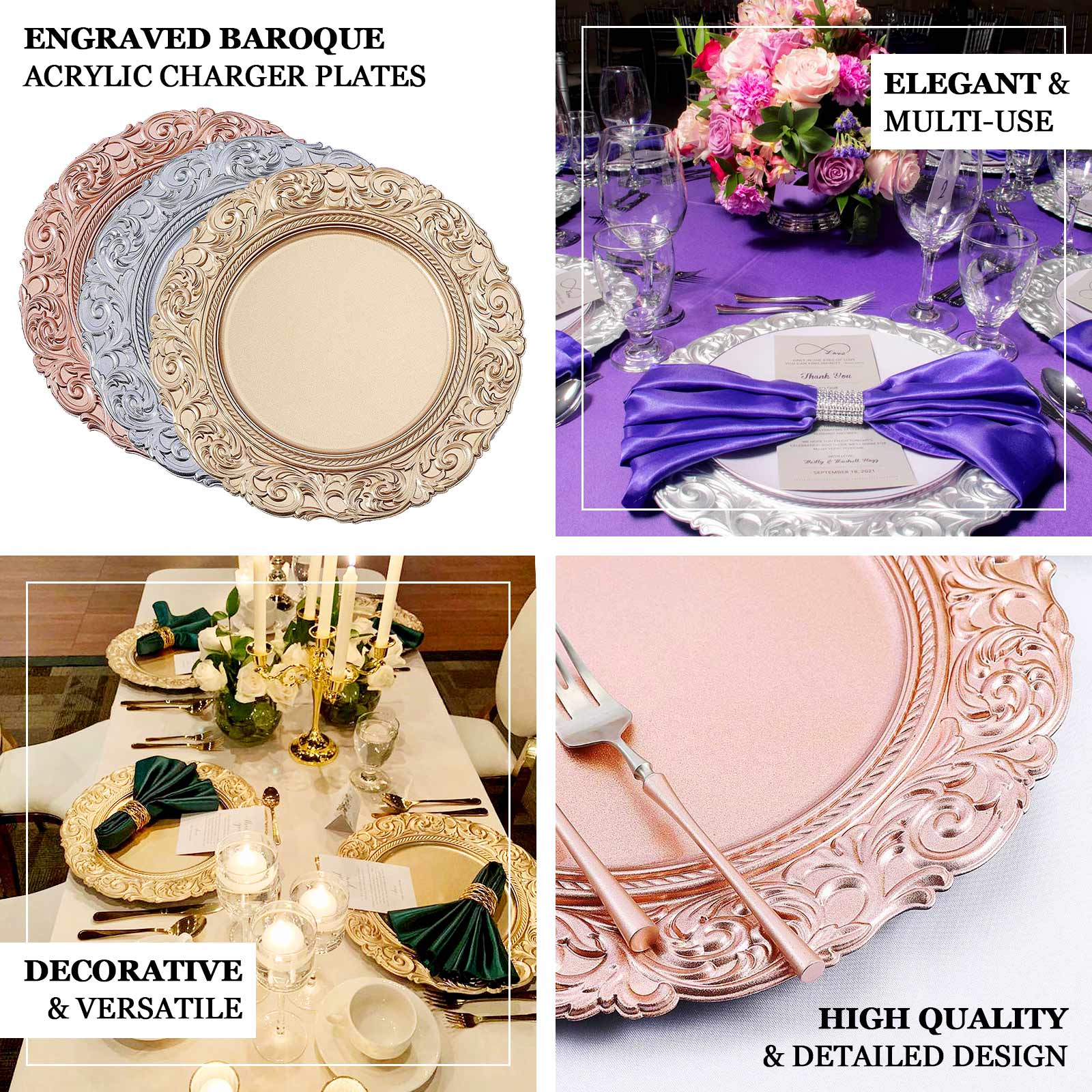 6-Pack Acrylic Round Charger Plates 14 in Taupe with Engraved Baroque Rim, Vintage Disposable Decorative Chargers