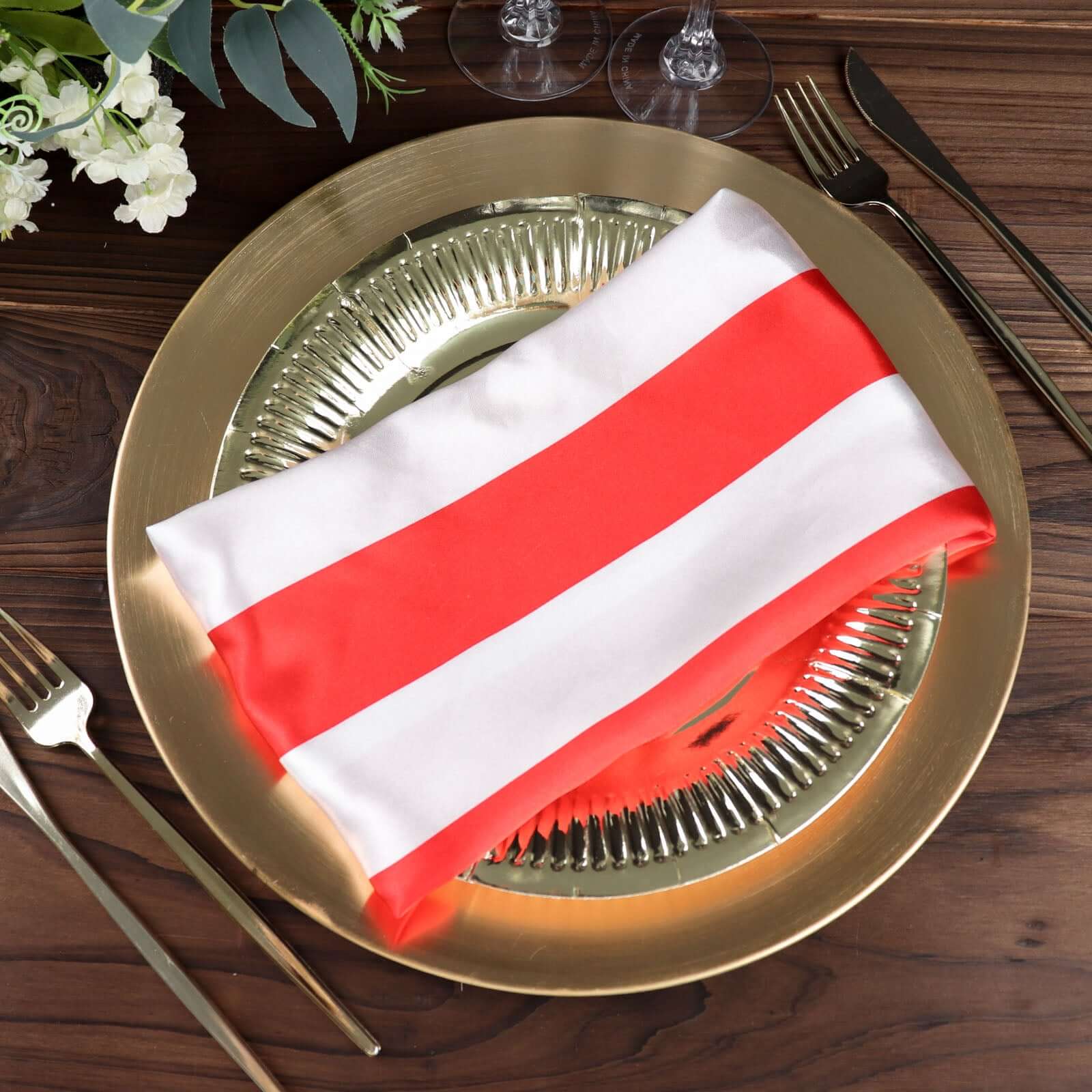 5 Pack Satin 20x20 Napkins Red/White - Striped Reusable Dinner Napkins