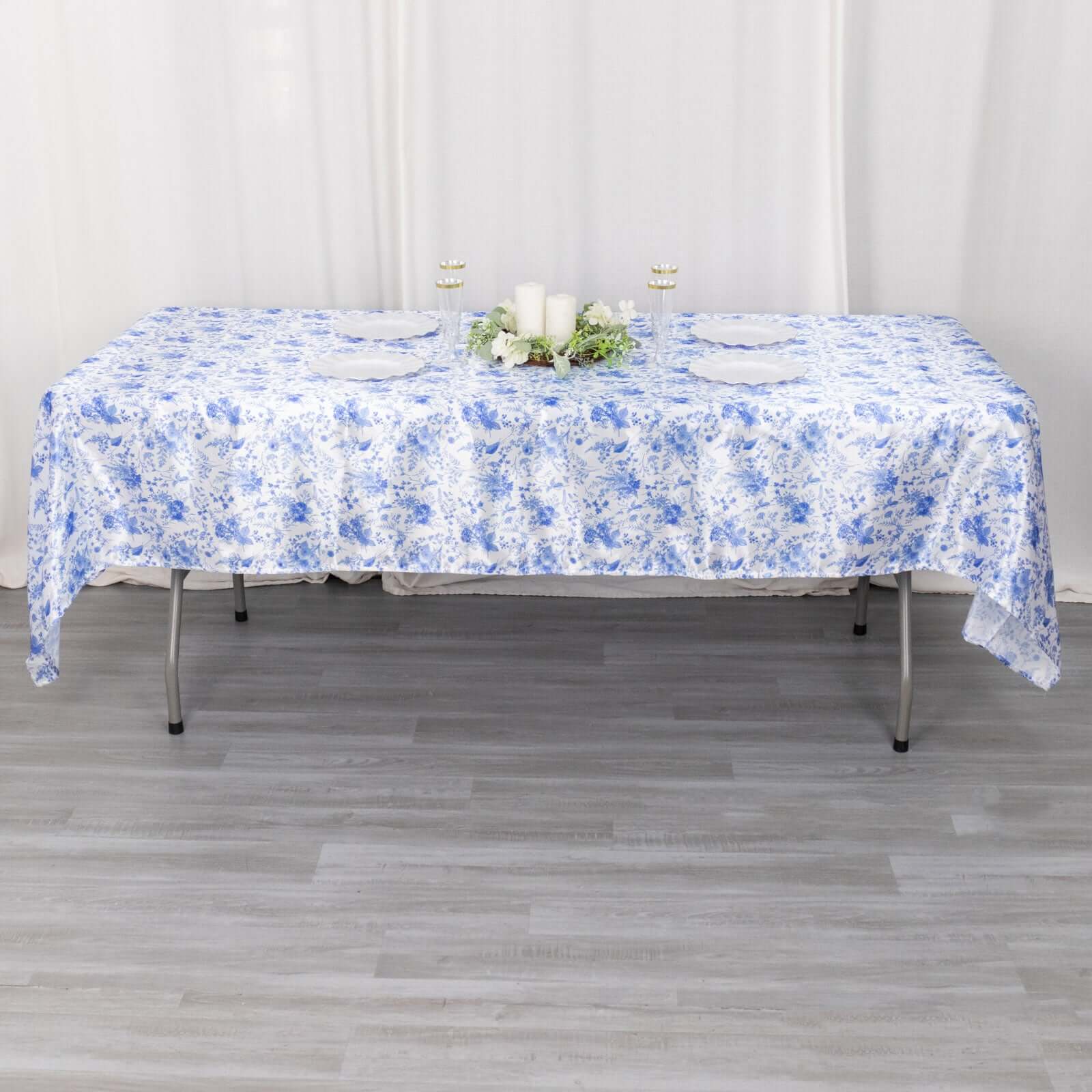 Satin Round 60x102 Tablecloth White/Blue French Toile Design - Stylish & Wrinkle-Resistant Table Cover