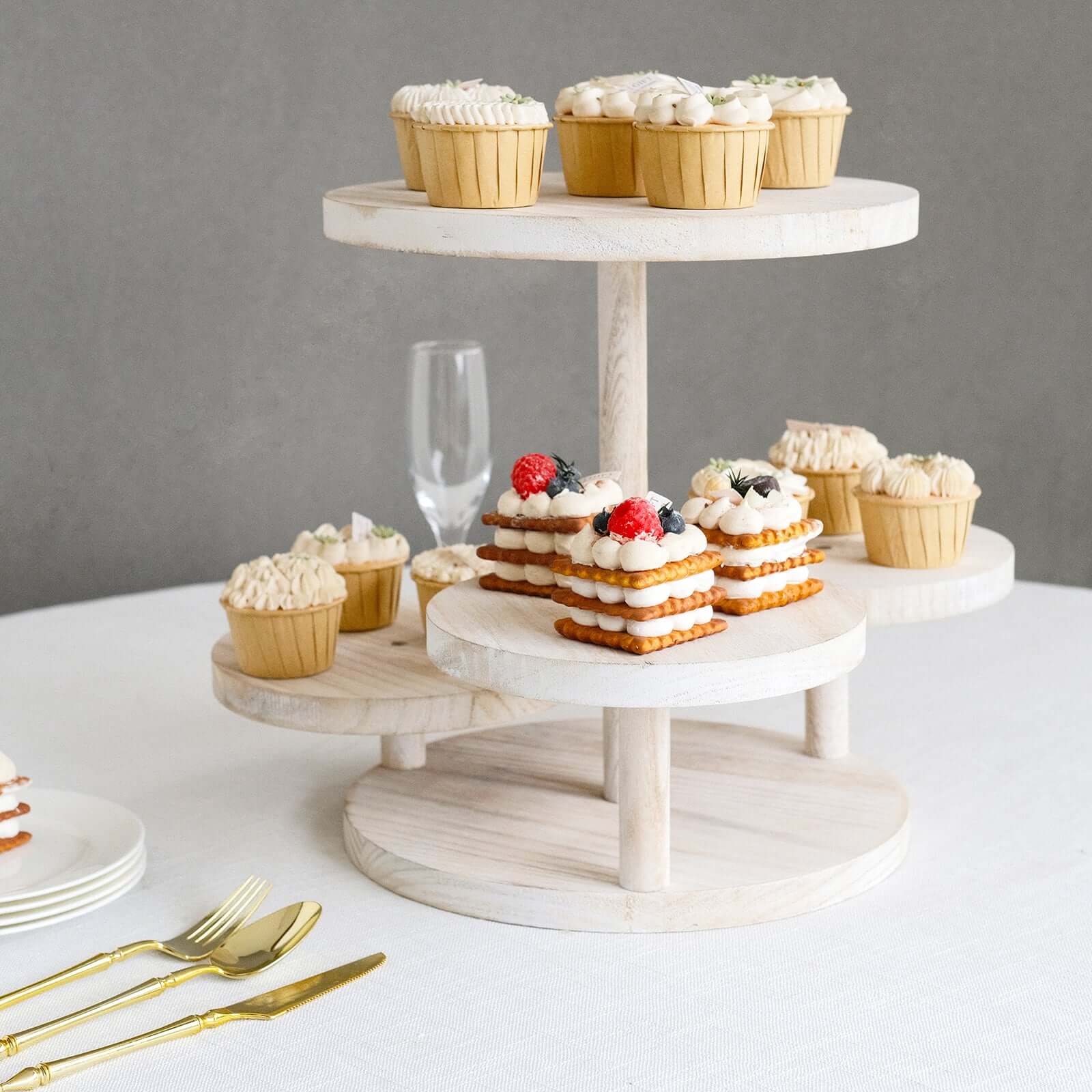 4-Tier Wooden Cake Stand Whitewash with Round Tiered Trays - Rustic Cupcake Tower Dessert Display 14 Tall