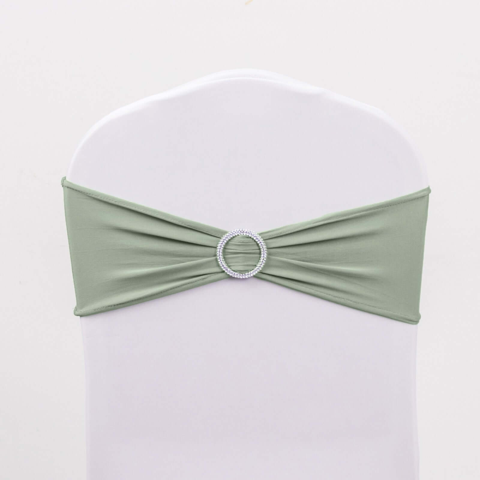 5 Pack Stretch Spandex Chair Sashes Sage Green - Reusable Chair Bands with Silver Diamond Ring Slide Buckle 5x14
