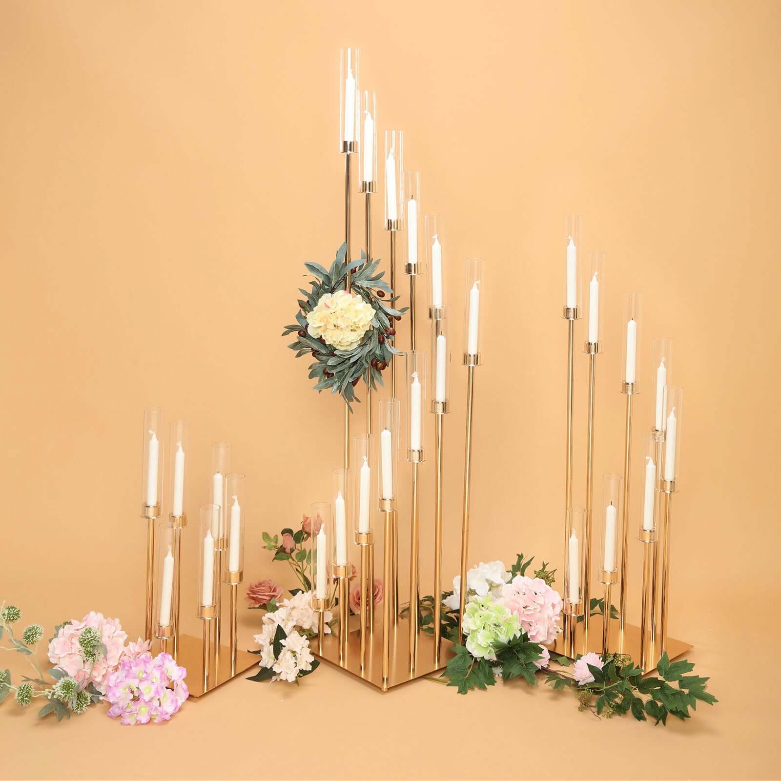 12-Arm Cluster Taper Candle Holder Gold with Clear Glass Shades - Grand Candle Arrangement for Events 57