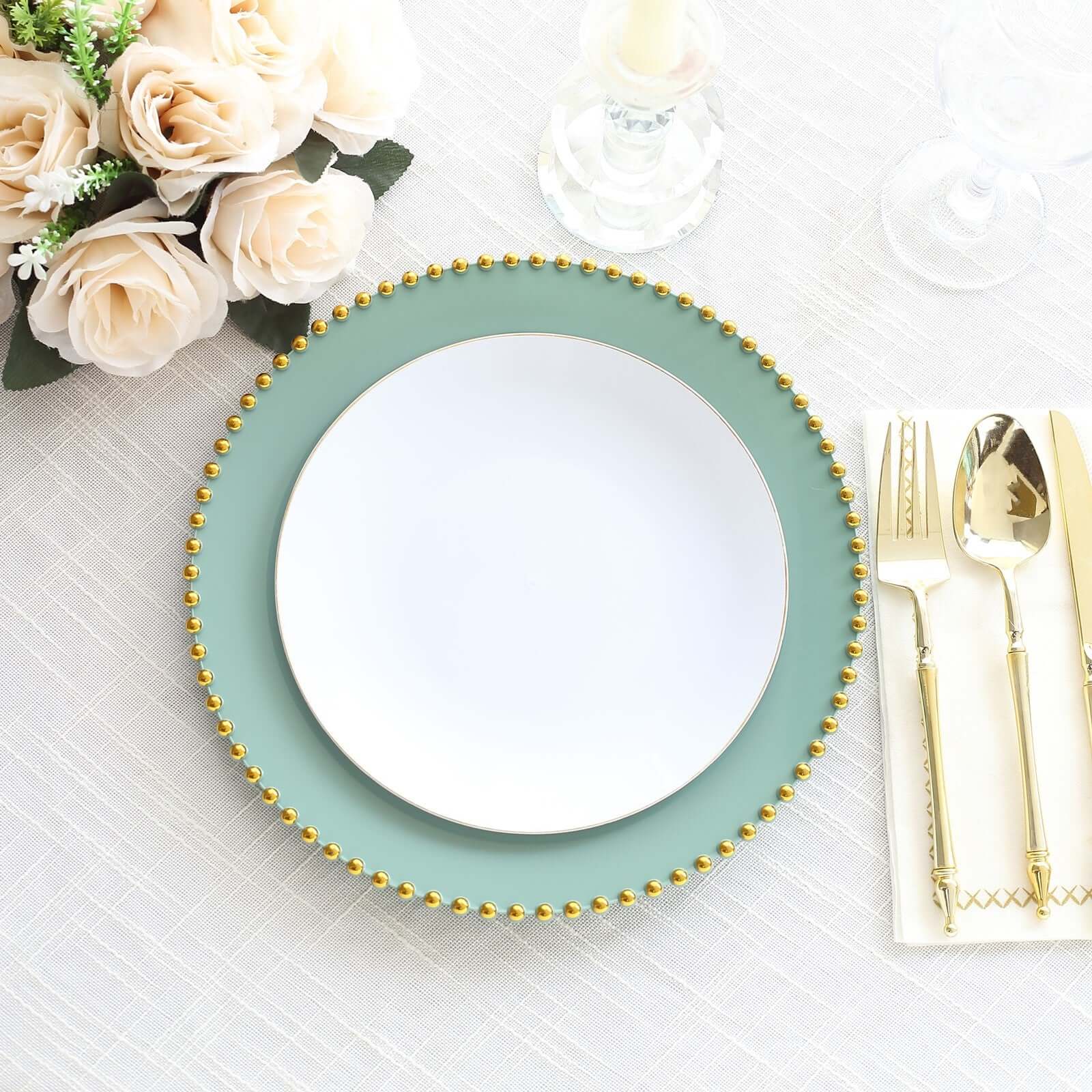 10-Pack Plastic 10 Round Dinner Plates in Dusty Sage Green with Gold Beaded Rim - Disposable Party Plates