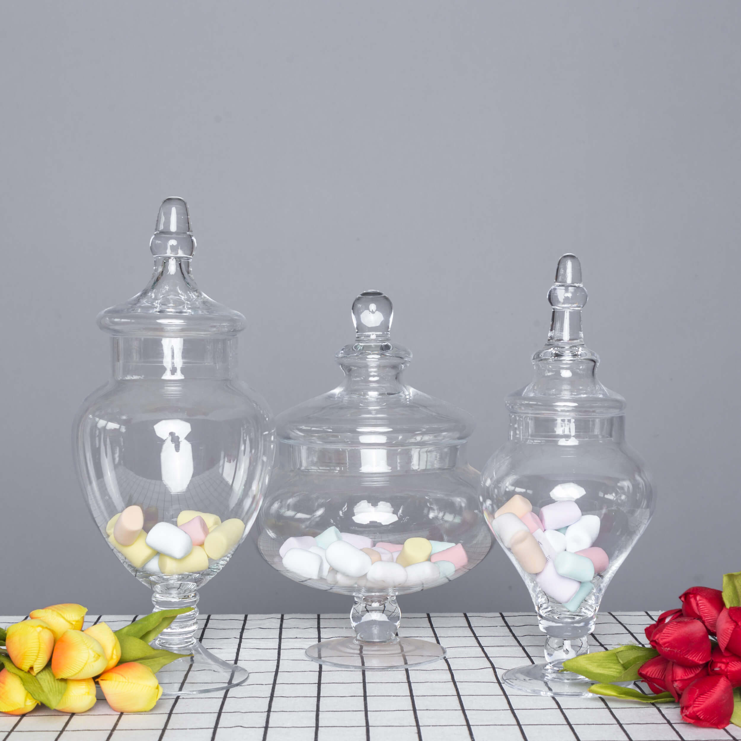 Set of 3 Glass Candy Jars Pedestal Apothecary Design Clear with Snap-On Lids - Stylish Party Favor Containers 10/12/14