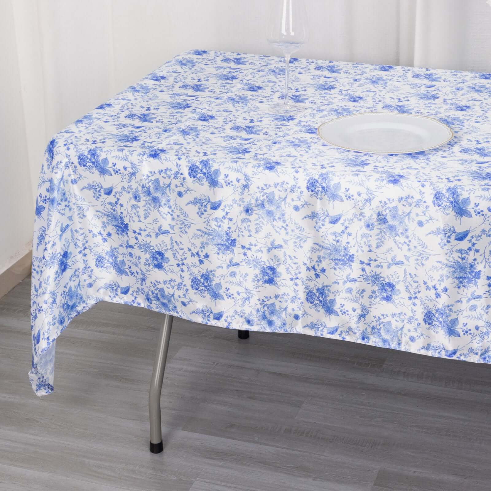 Satin Round 60x102 Tablecloth White/Blue French Toile Design - Stylish & Wrinkle-Resistant Table Cover