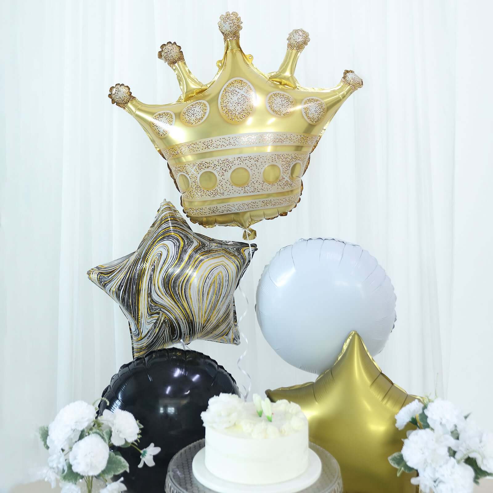 Set of 6 Gold Black Marble Mylar Foil Party Balloon Set, Star, Round and Crown Balloon Bouquet With Ribbon, Party Decorations