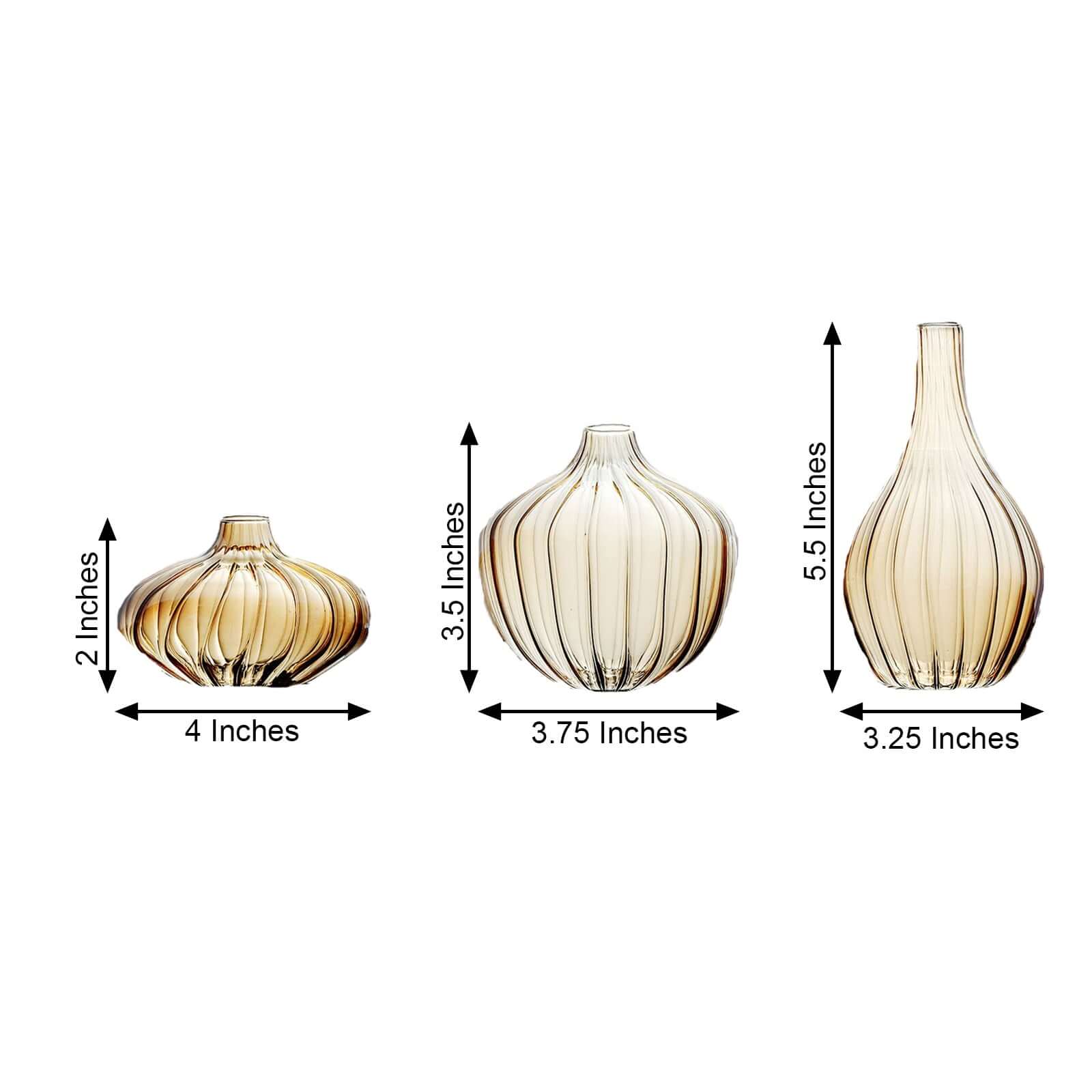 Set of 3 Gold Glass Ribbed Design Mini Flower Bud Vases, Table Centerpiece Set - Assorted Sizes