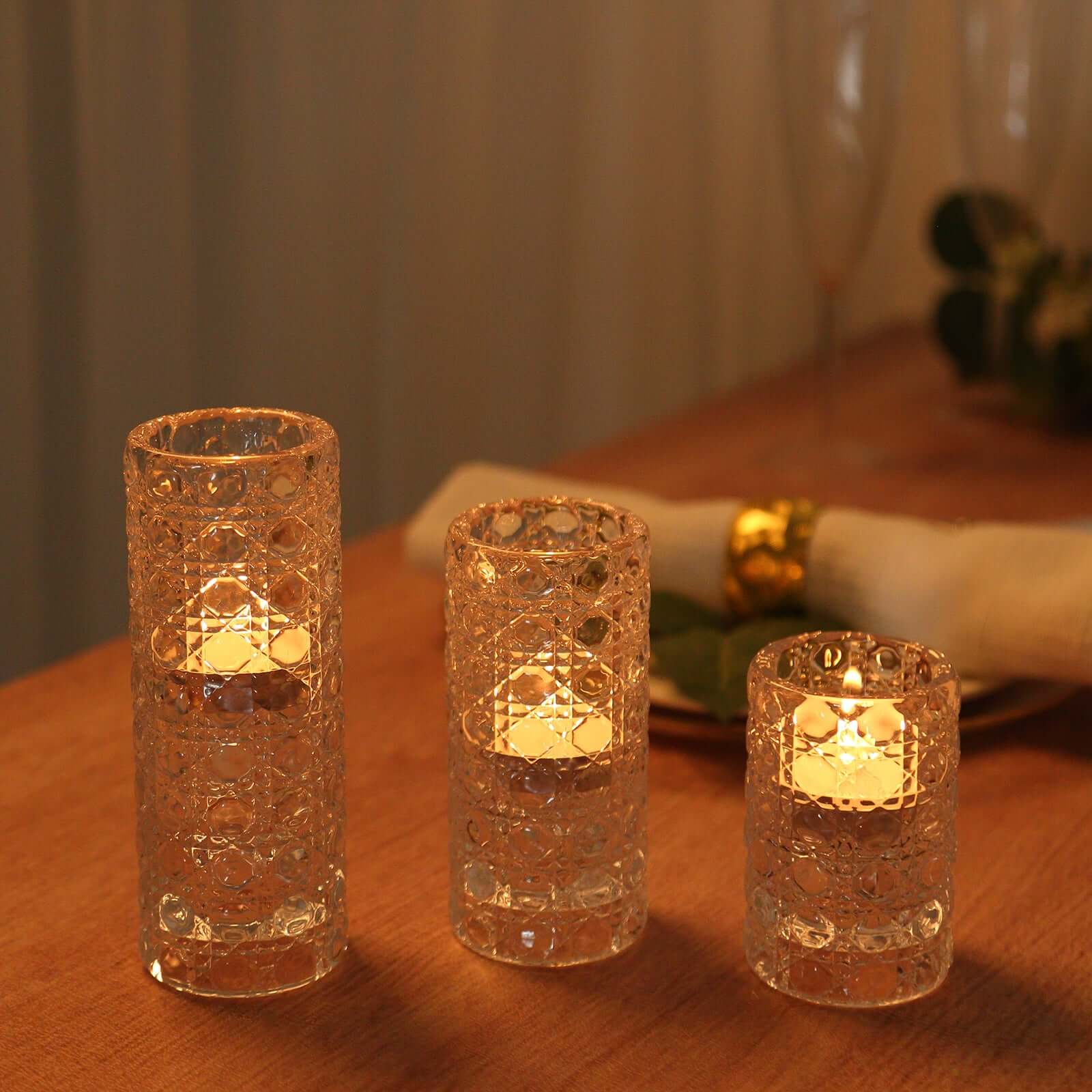 Set of 3 Glass Taper Candle Holders Clear with Gemstone Pattern - Dual Sided Crystal Cylinder Tealight Stands 3, 4, 5.5