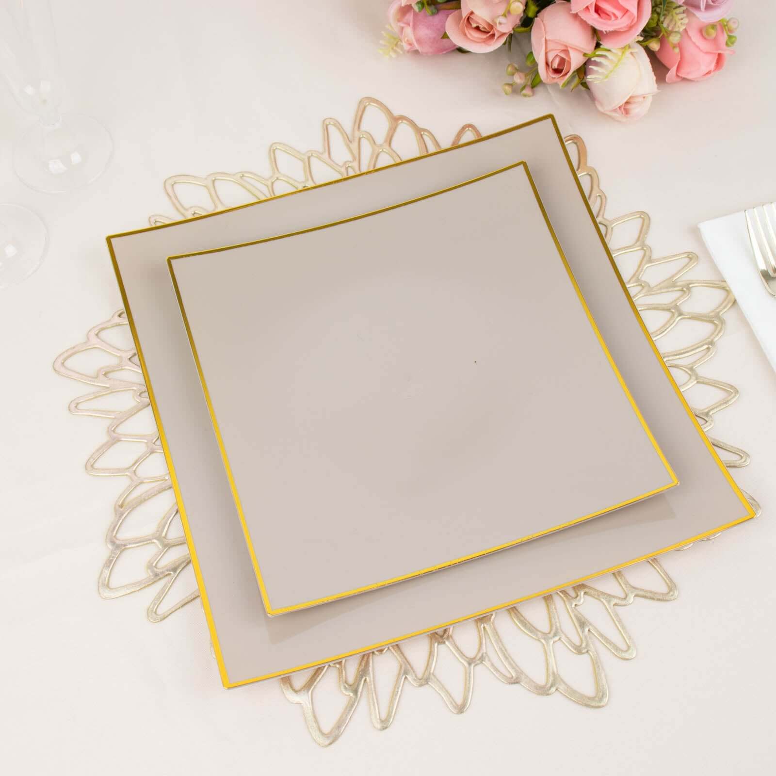 10-Pack Plastic 8 Square Dessert Plates in Taupe Concave Style with Gold Rim - Modern Disposable Salad Appetizer Party Plates