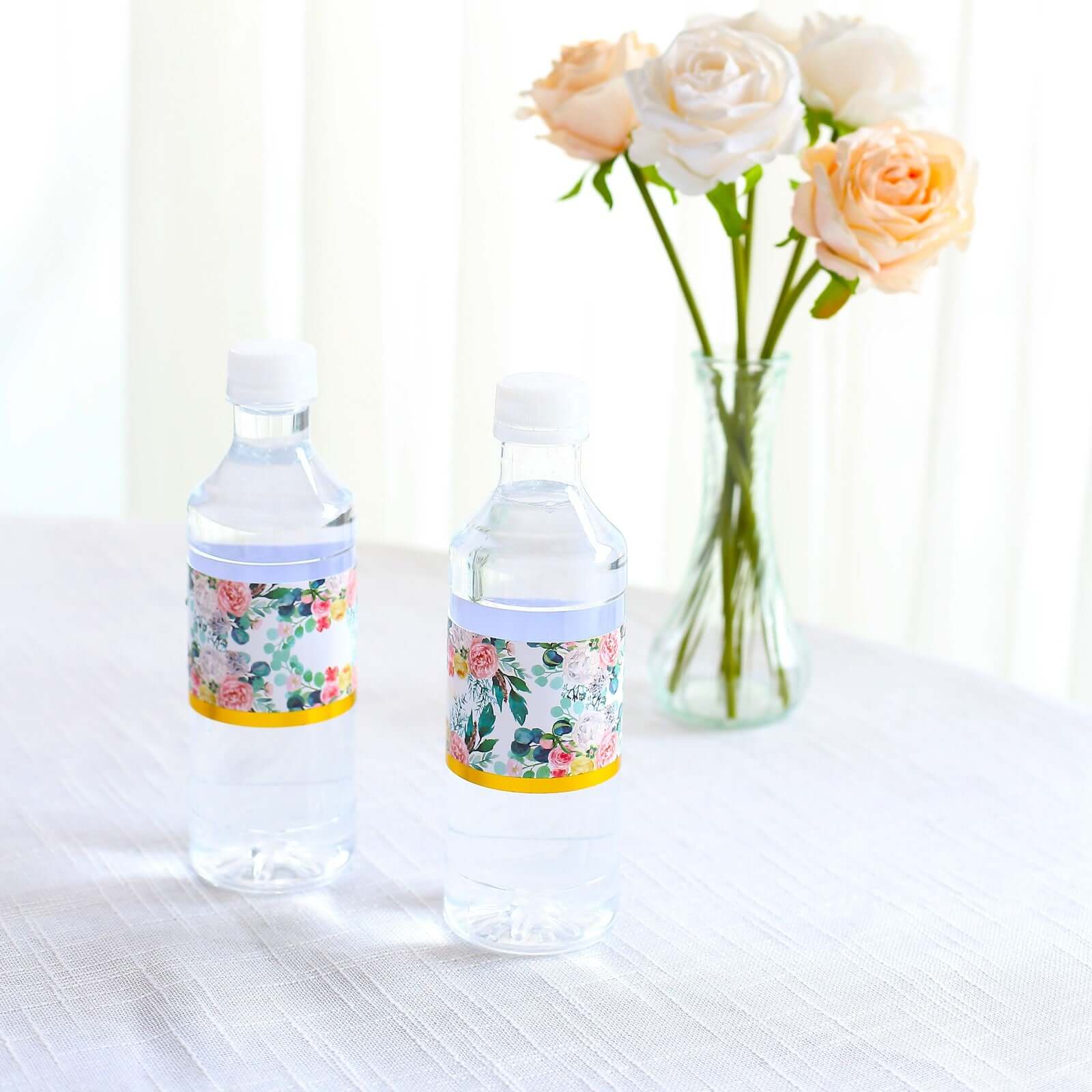 24 Pack White/Pink Water Bottle Labels with Peony Floral Design & Gold Trim, Waterproof Bottle Stickers