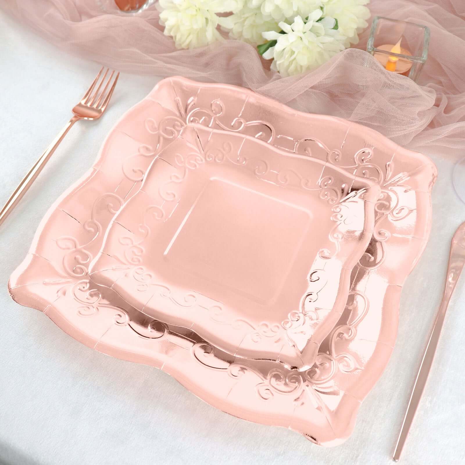 25-Pack Paper 11 Square Dinner Plates in Blush Rose Gold with Vintage Pottery Embossed Design - Shiny Metallic Disposable Serving Plates