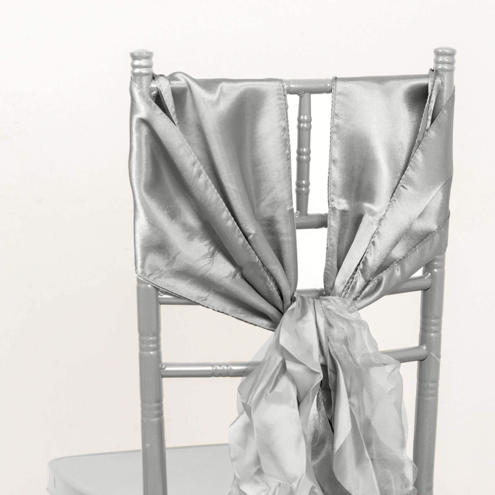 5 Pack Chiffon Satin Chair Sashes Silver - Easy to Install Ruffled Curly Willow