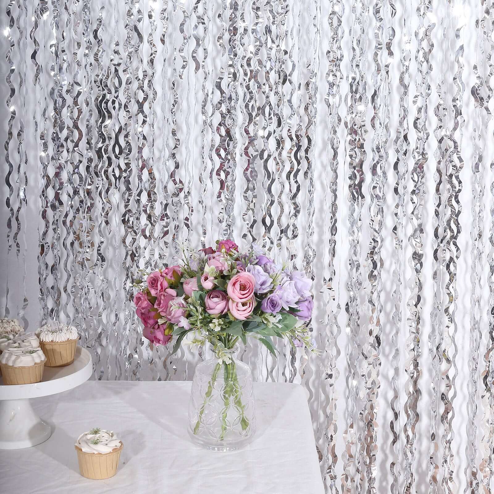 Metallic Silver Wavy Foil Fringe Party Backdrop, Curly Tinsel Streamer Photo Booth Curtain - 3ftx6ft