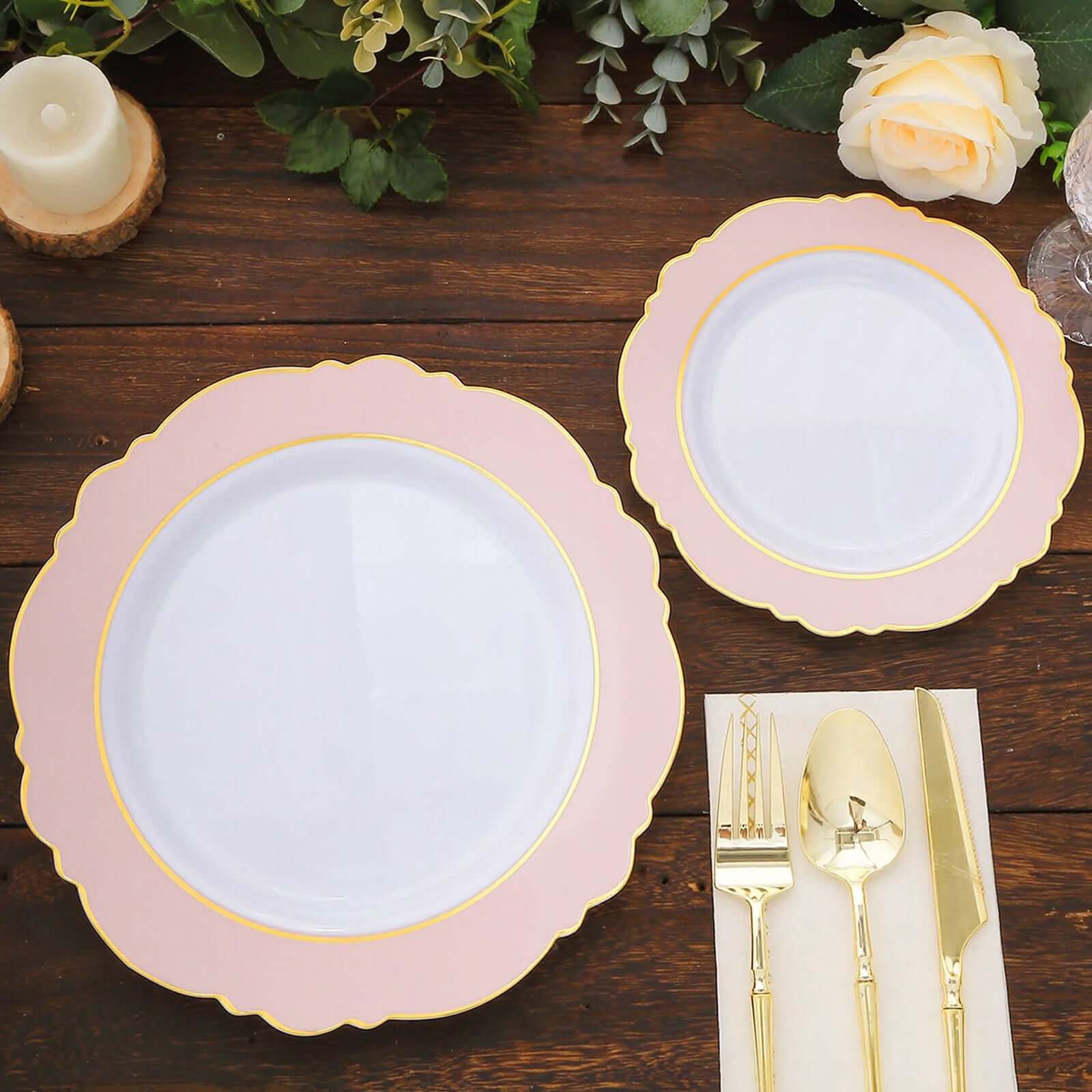 10-Pack Plastic 10 Round Dinner Plates in White with Blush Blossom Design & Gold Edging - Disposable Party Plates