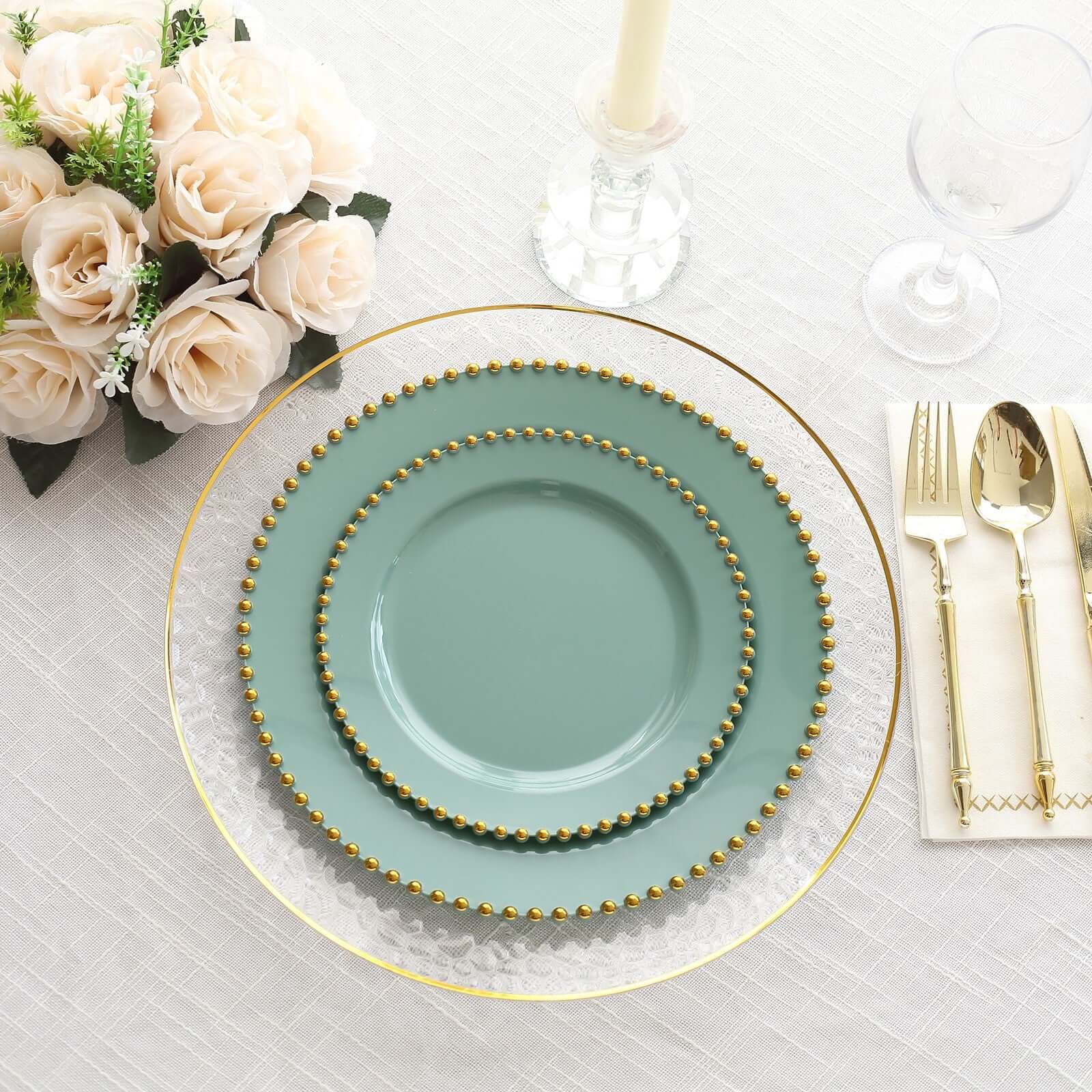 10-Pack Plastic 10 Round Dinner Plates in Dusty Sage Green with Gold Beaded Rim - Disposable Party Plates