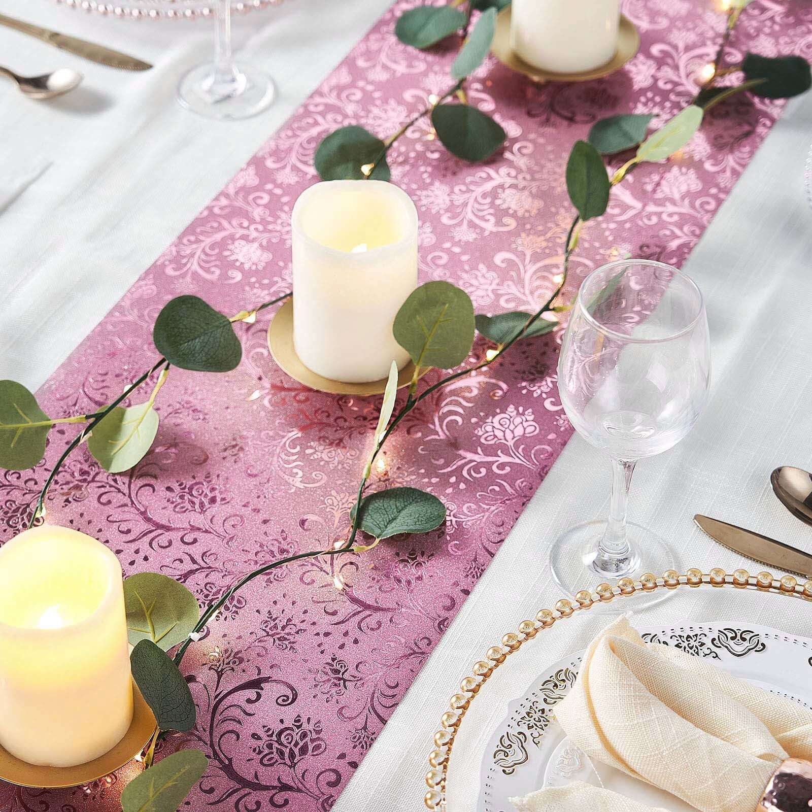 Glitter Paper 9ft Table Runner Roll Rose Gold Disposable Vintage Floral Vine Pattern Table Decor